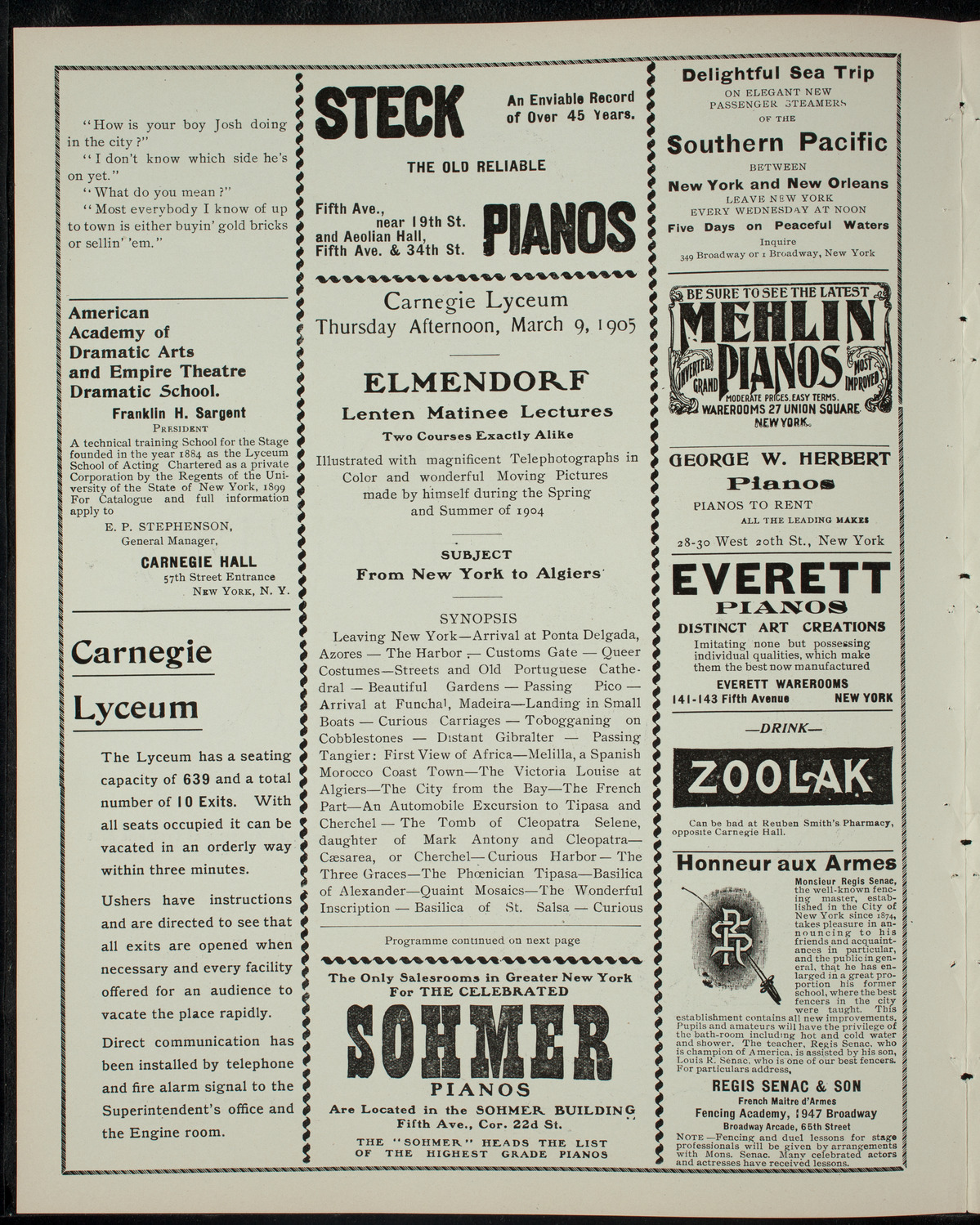 Elmendorf Lecture: From New York to Algiers, March 9, 1905, program page 2