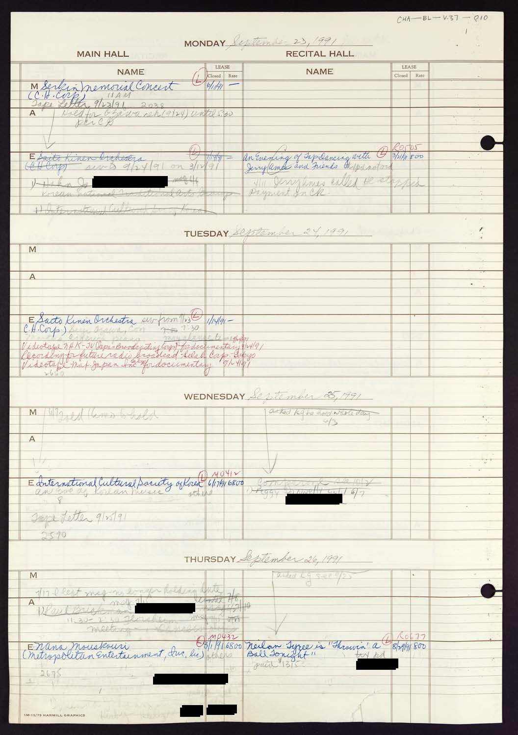 Carnegie Hall Booking Ledger, volume 37, page 10