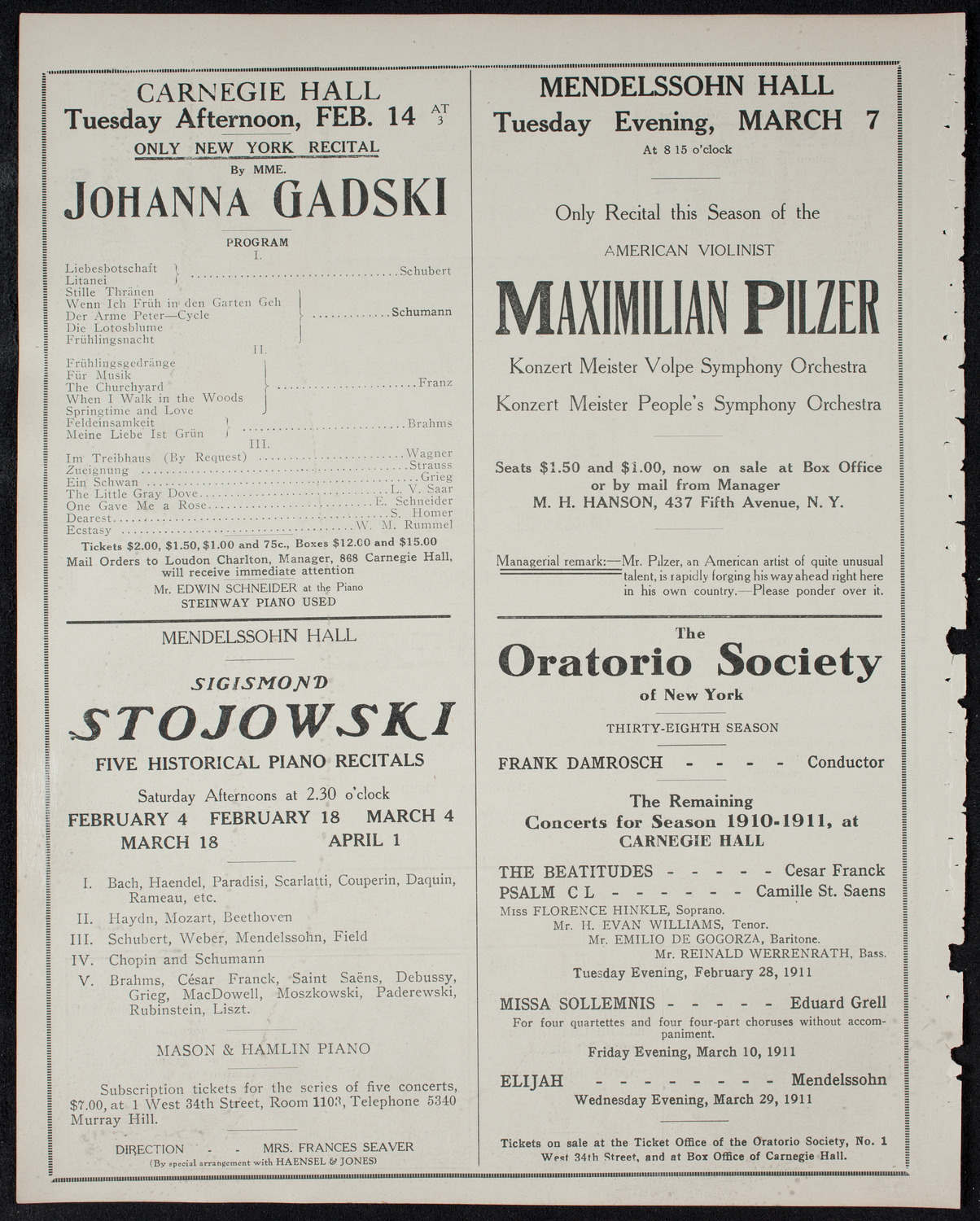 New York Philharmonic, February 3, 1911, program page 10