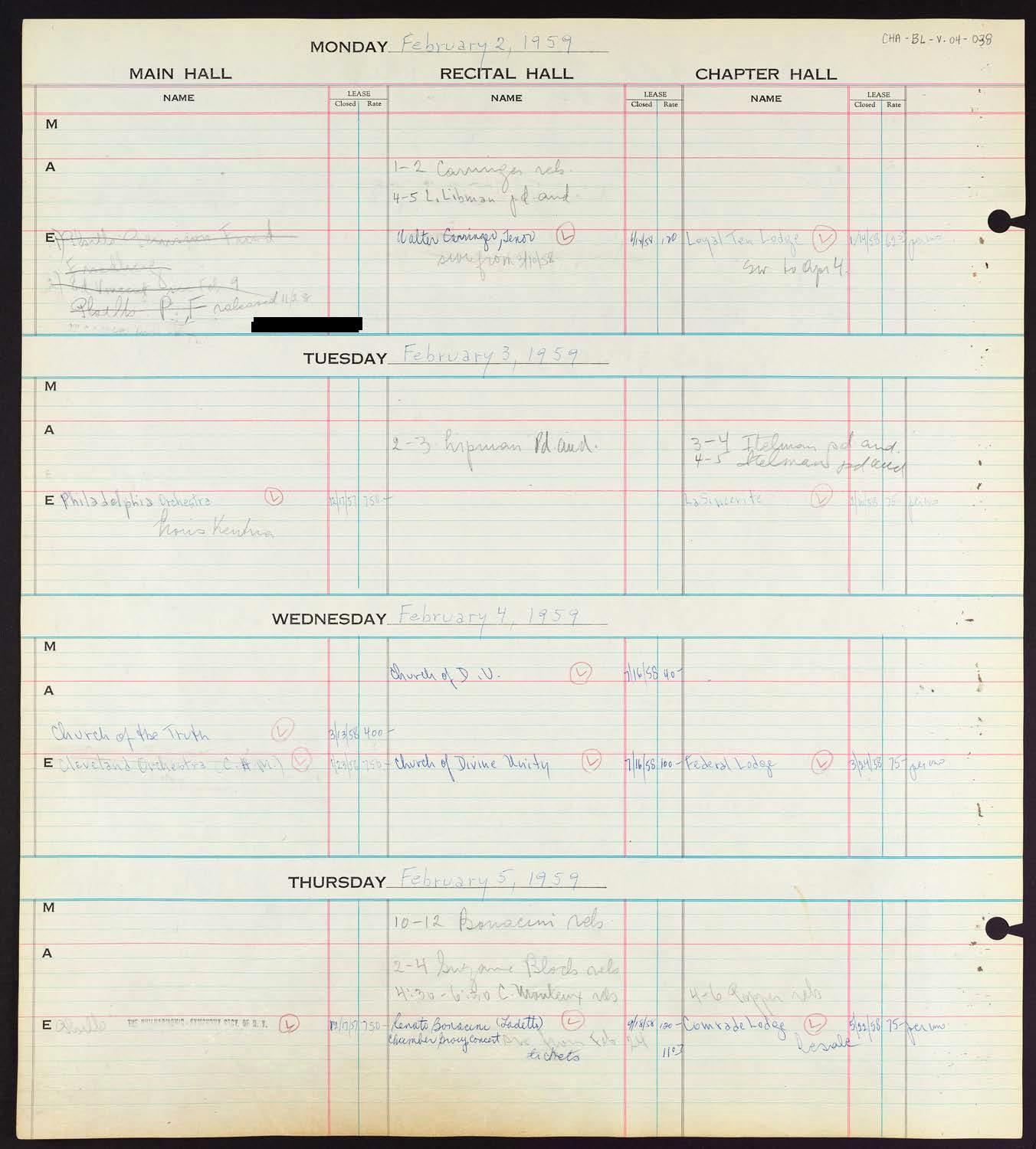 Carnegie Hall Booking Ledger, volume 4, page 38