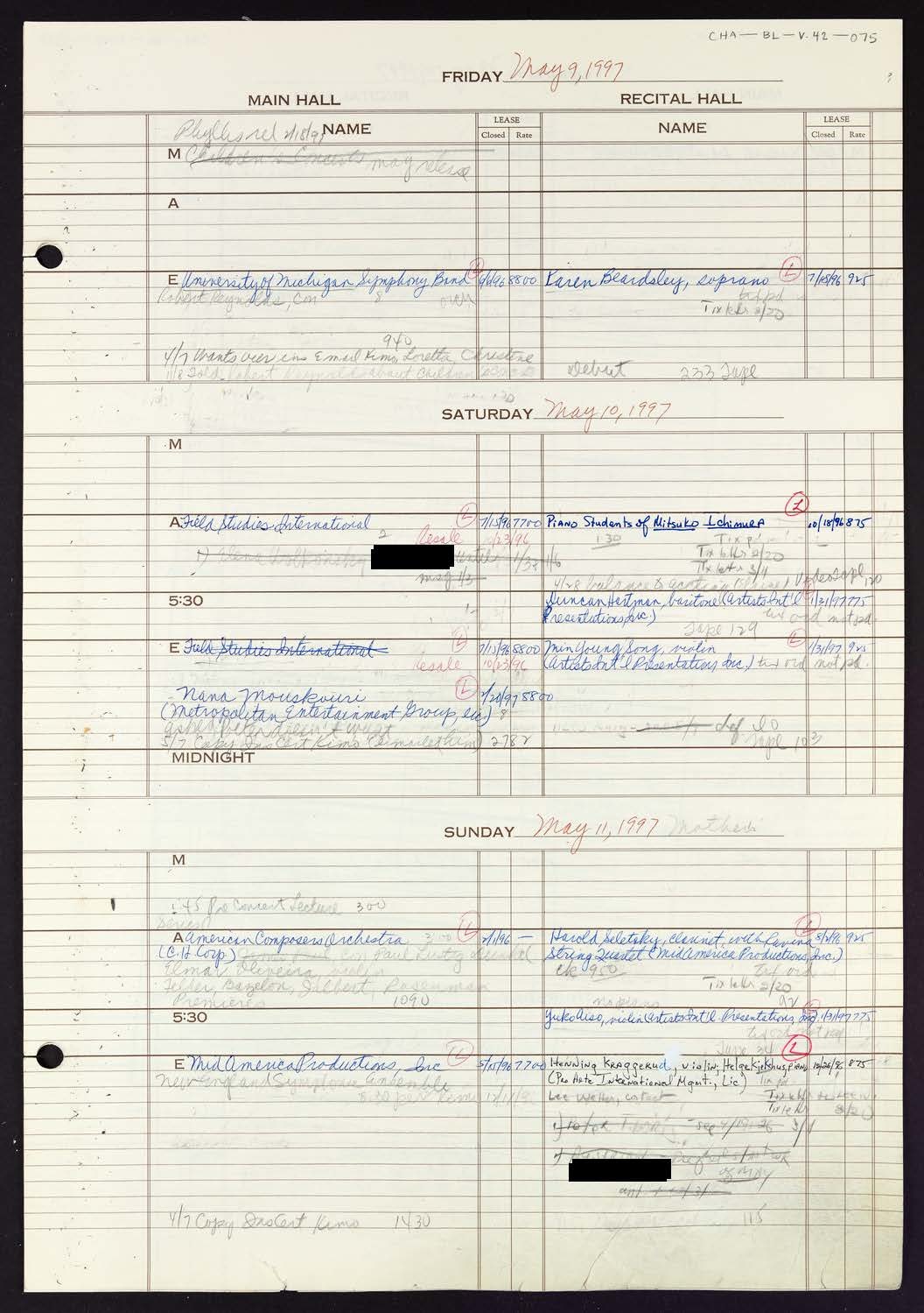 Carnegie Hall Booking Ledger, volume 42, page 75