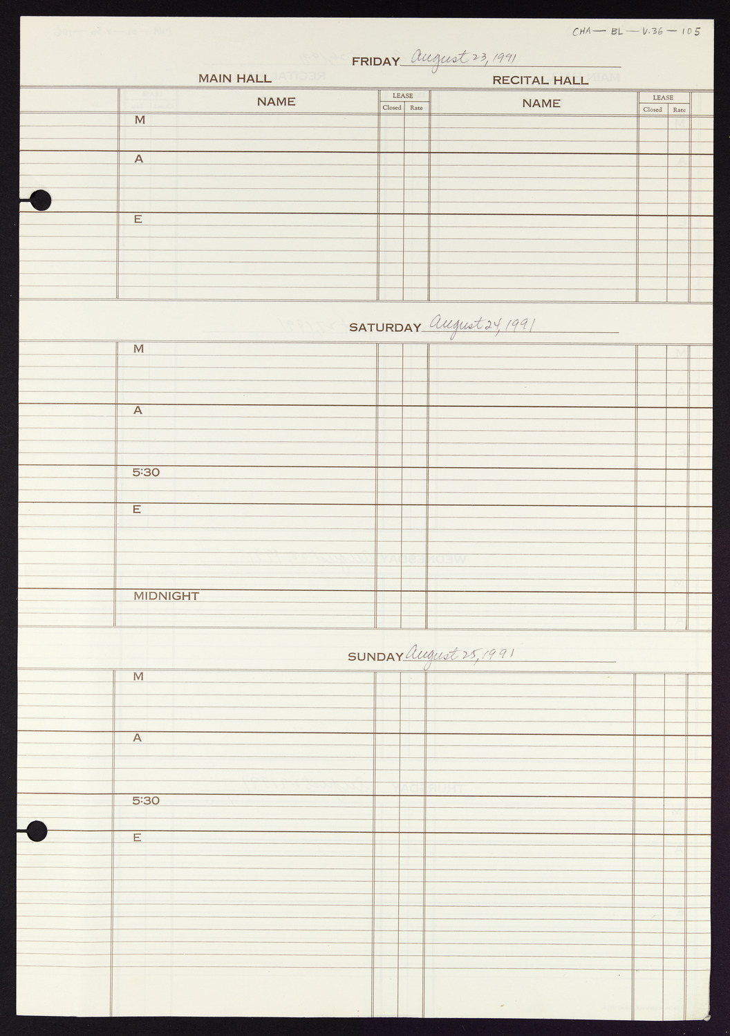 Carnegie Hall Booking Ledger, volume 36, page 105