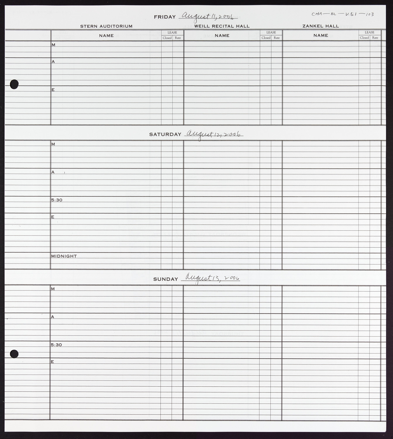 Carnegie Hall Booking Ledger, volume 51, page 103