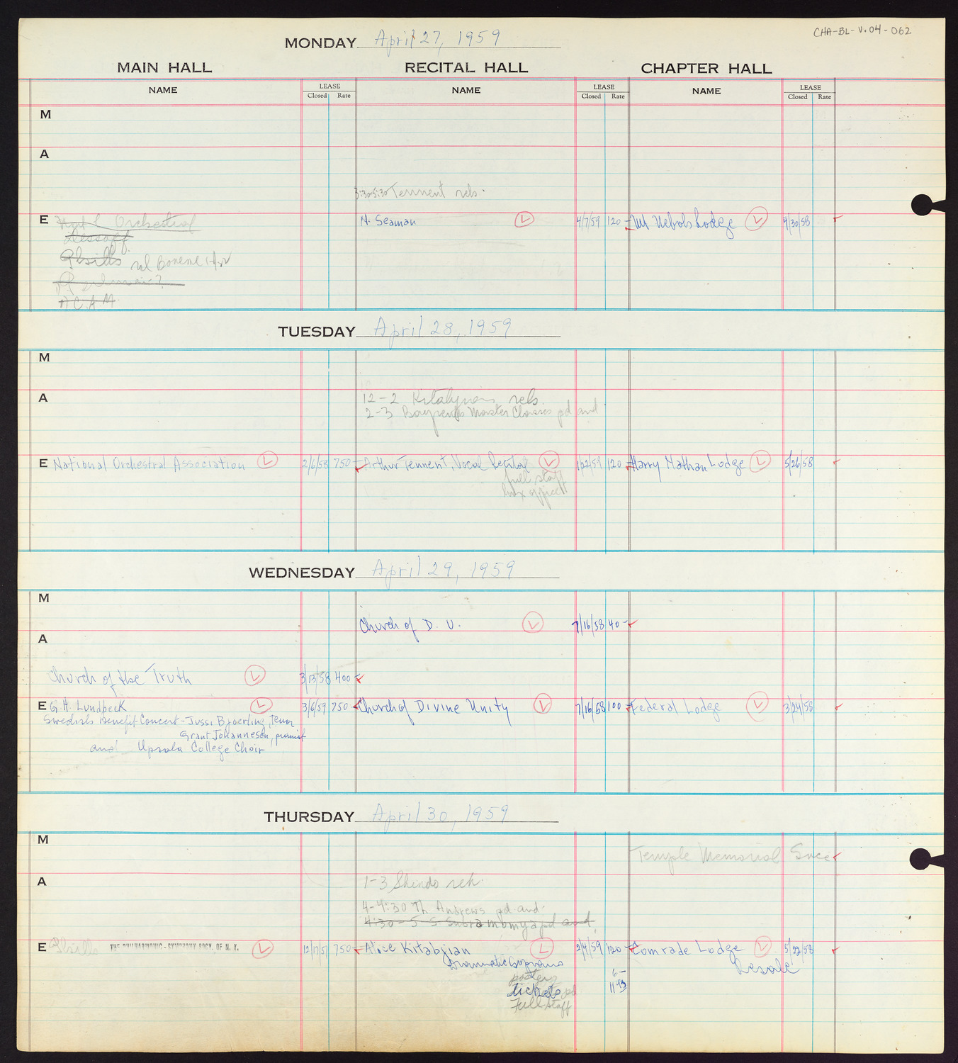 Carnegie Hall Booking Ledger, volume 4, page 62