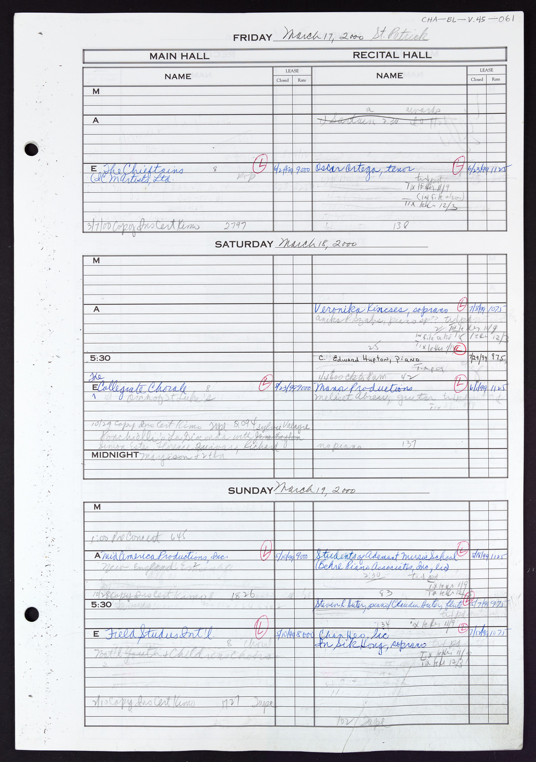 Carnegie Hall Booking Ledger, volume 45, page 61