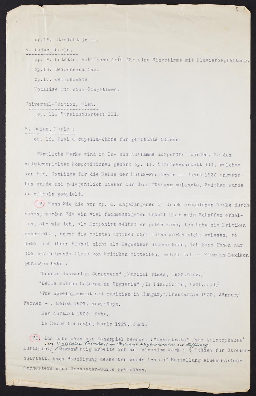 Correspondence from Laszlo Lajtha to David Ewen, page 2 of 4