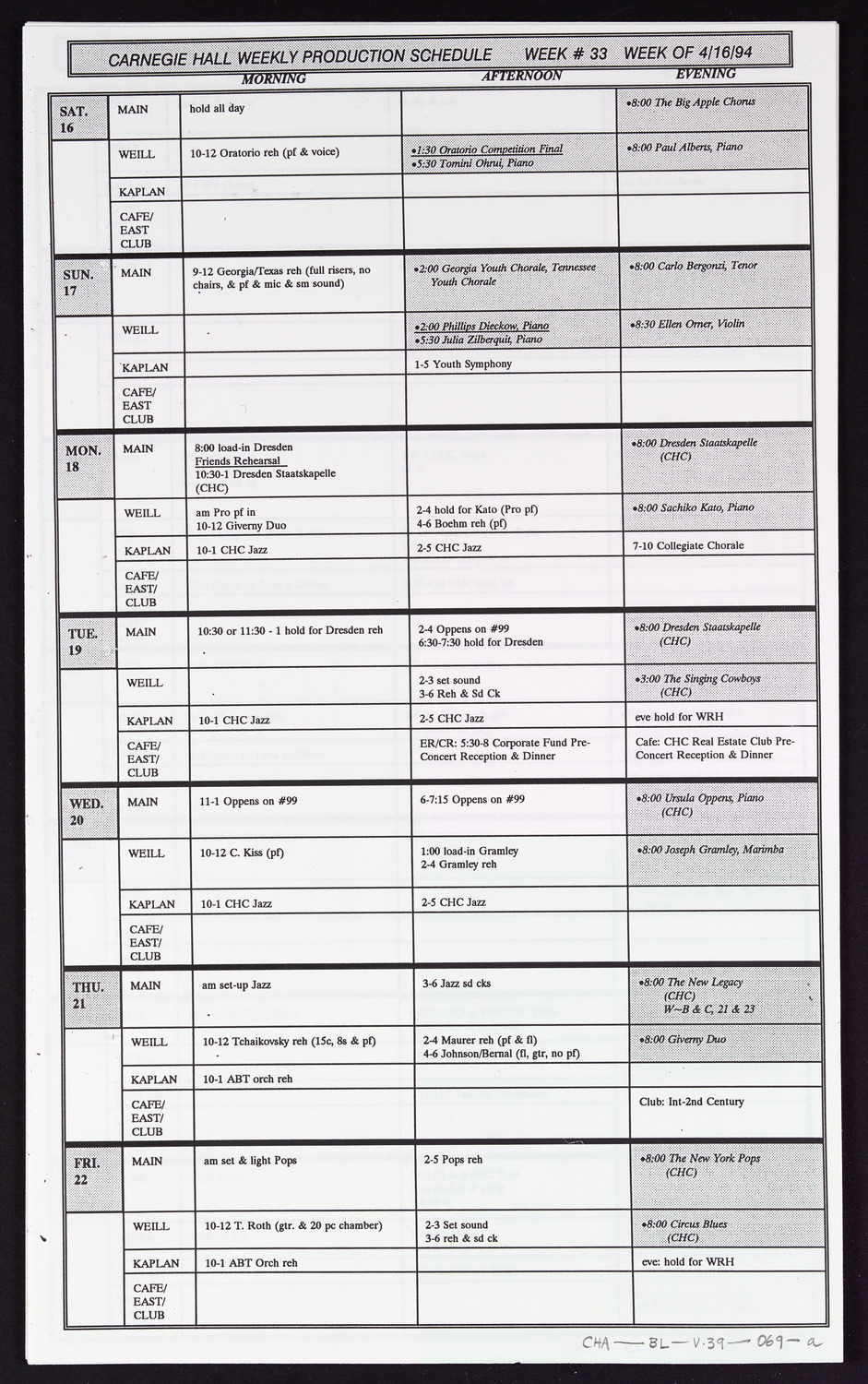 Carnegie Hall Booking Ledger, volume 39, page 69a