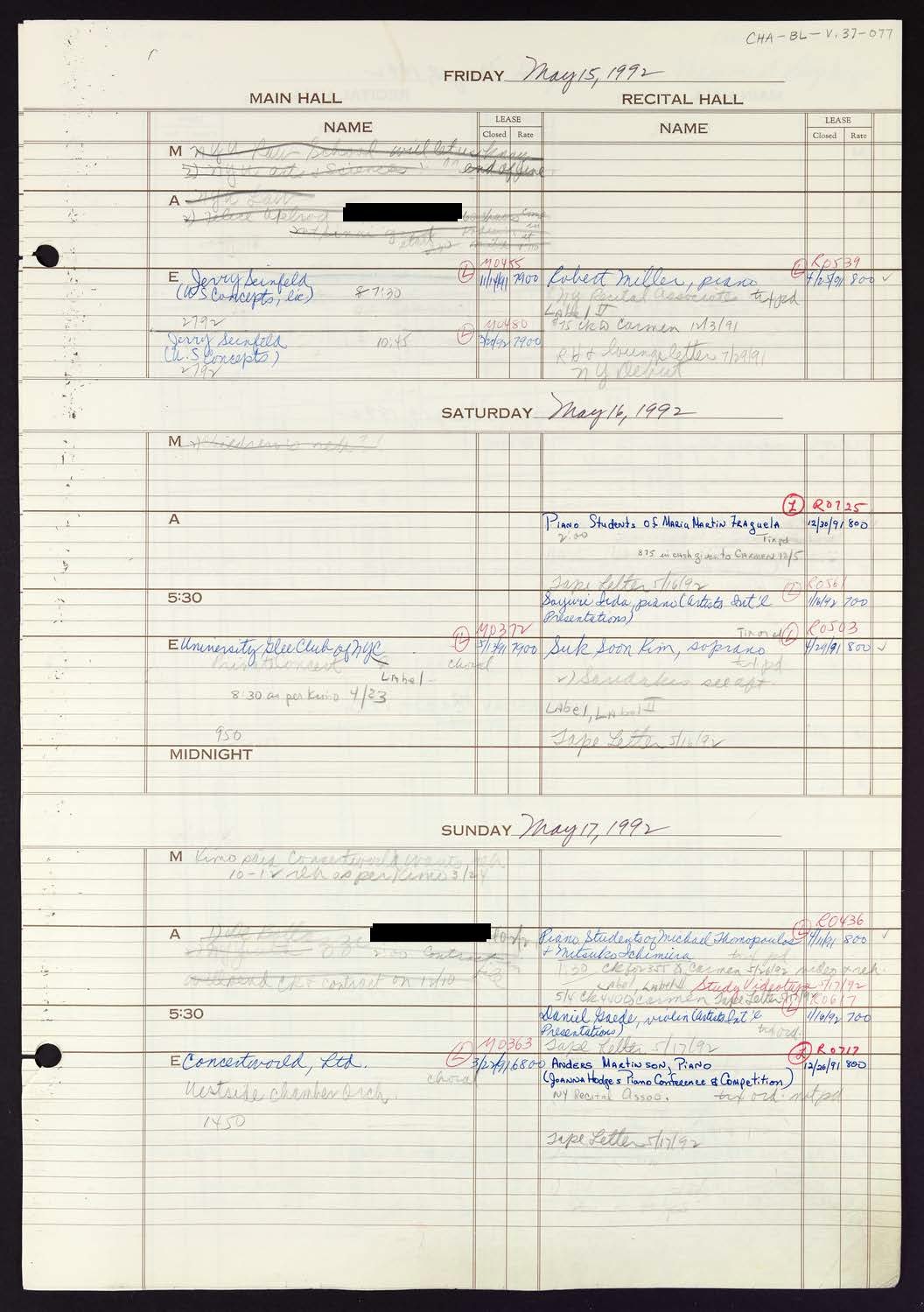 Carnegie Hall Booking Ledger, volume 37, page 77