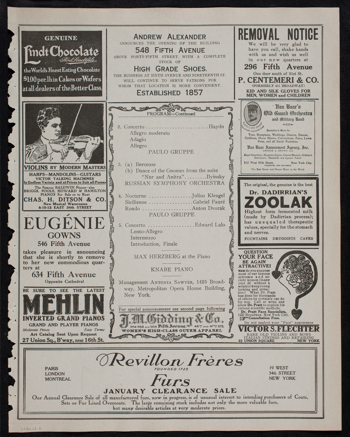 Paulo Gruppe with the Russian Symphony Orchestra, January 12, 1912, program page 7