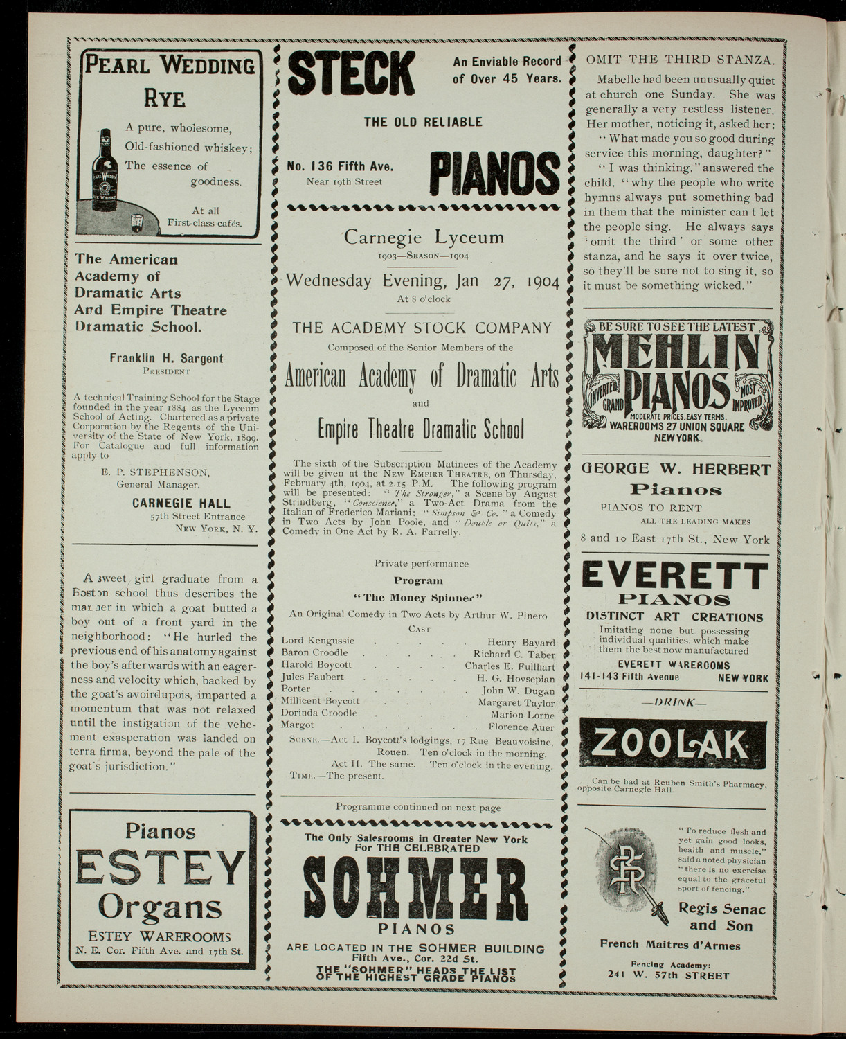 Academy Stock Company of the American Academy of Dramatic Arts/ Empire Theatre Dramatic School, January 27, 1904, program page 2