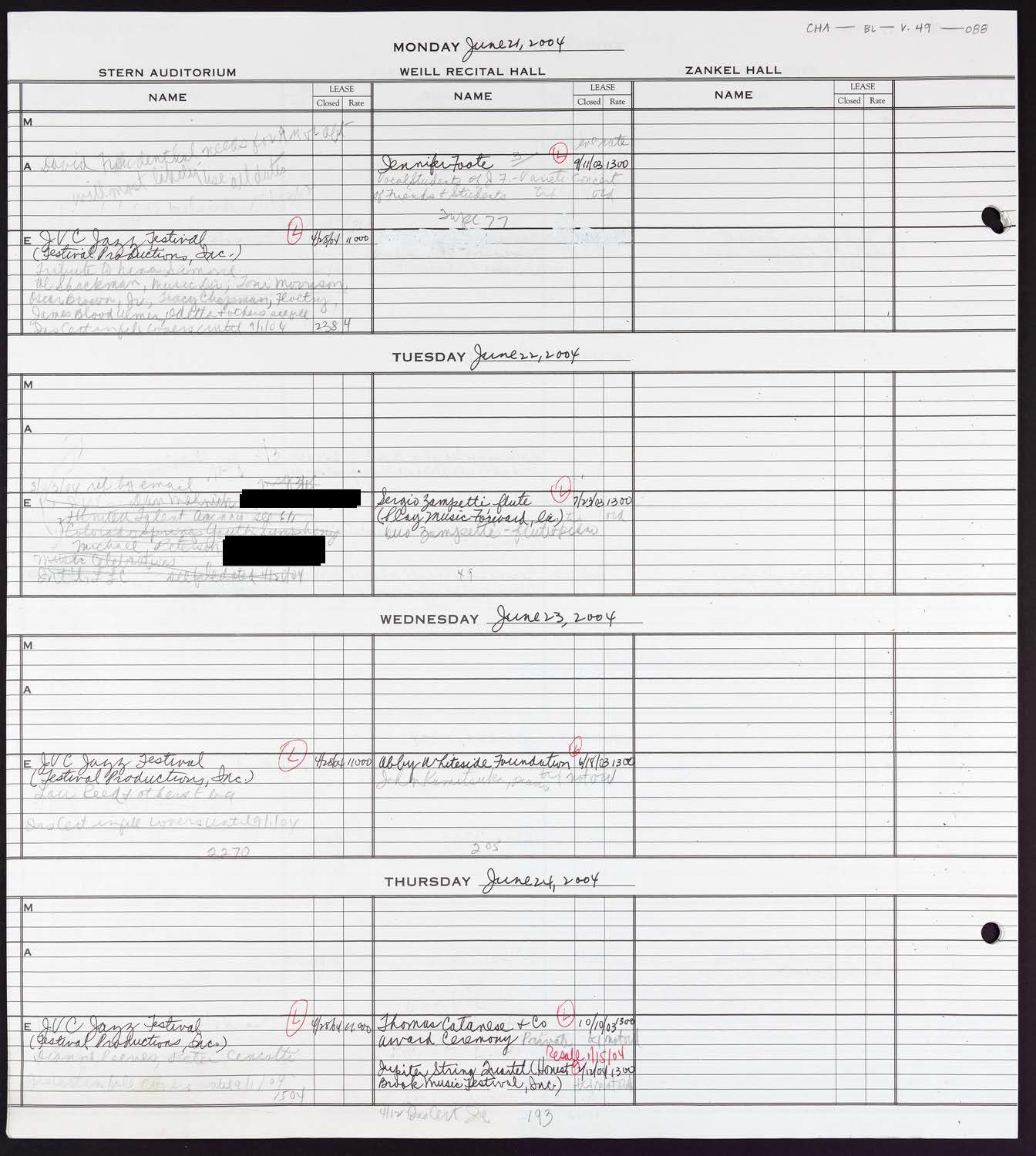 Carnegie Hall Booking Ledger, volume 49, page 88