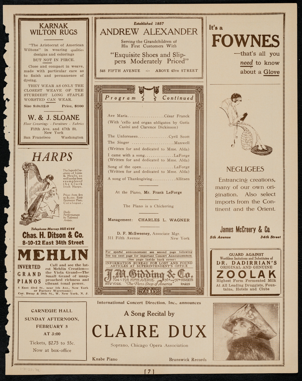 Frances Alda, Soprano, January 31, 1922, program page 7