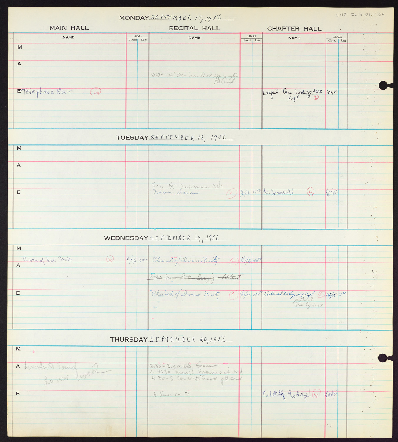 Carnegie Hall Booking Ledger, volume 1, page 104