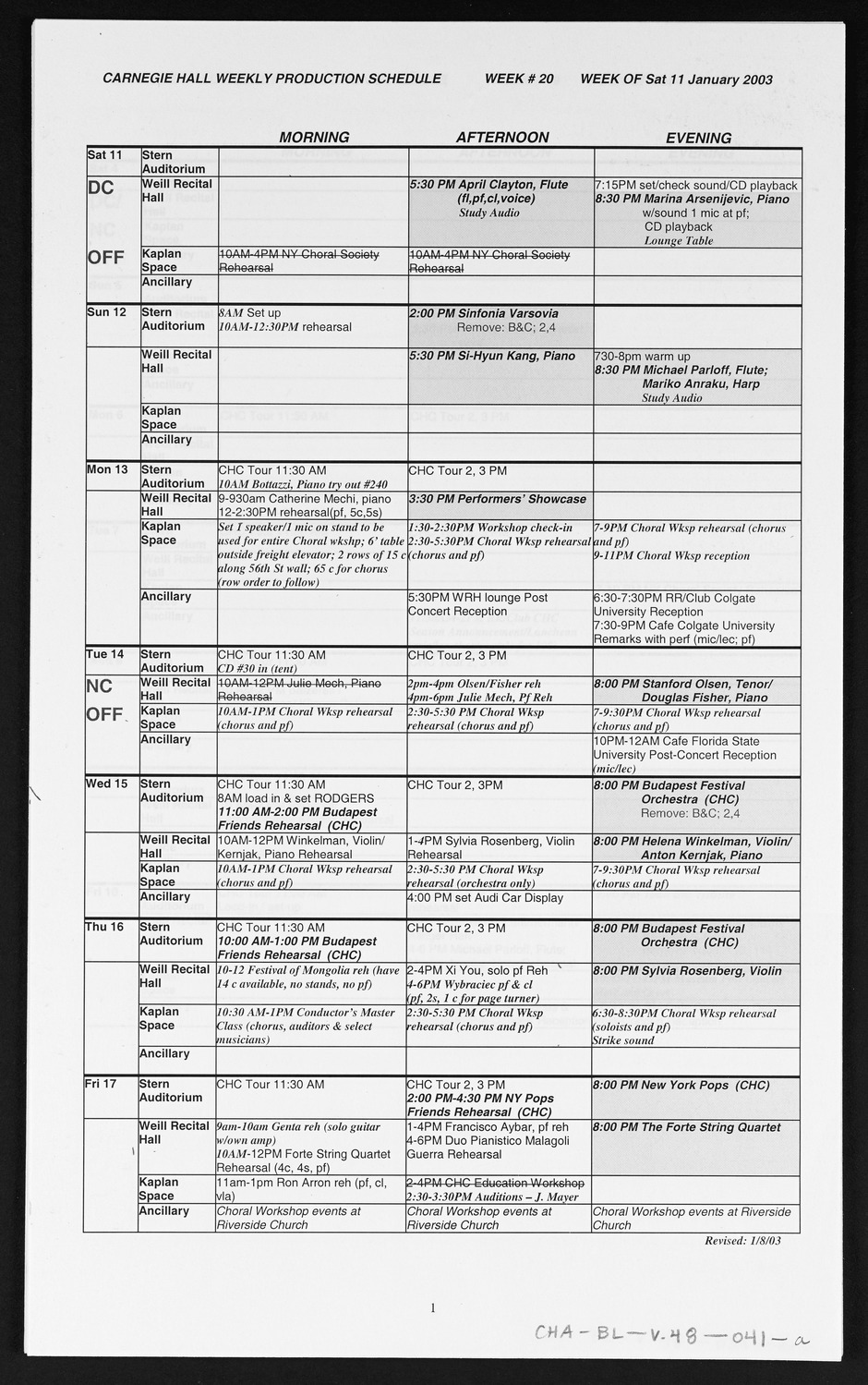 Carnegie Hall Booking Ledger, volume 48, page 41a