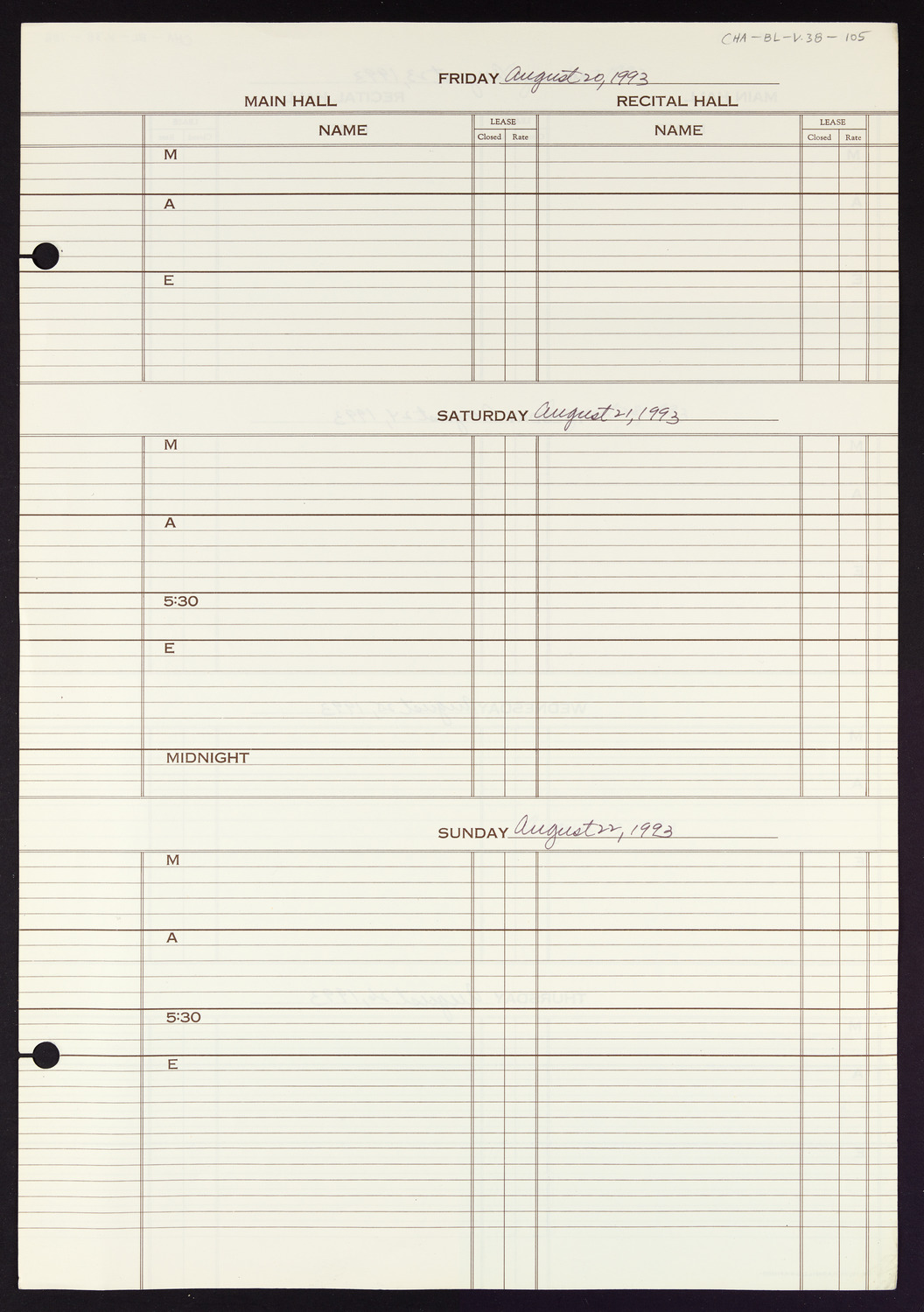 Carnegie Hall Booking Ledger, volume 38, page 105