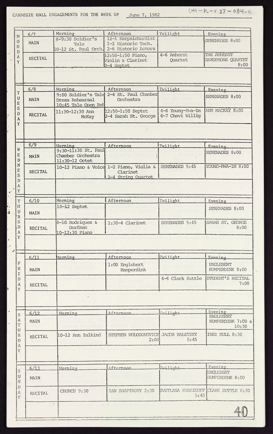 Carnegie Hall Booking Ledger, volume 27, page 84a