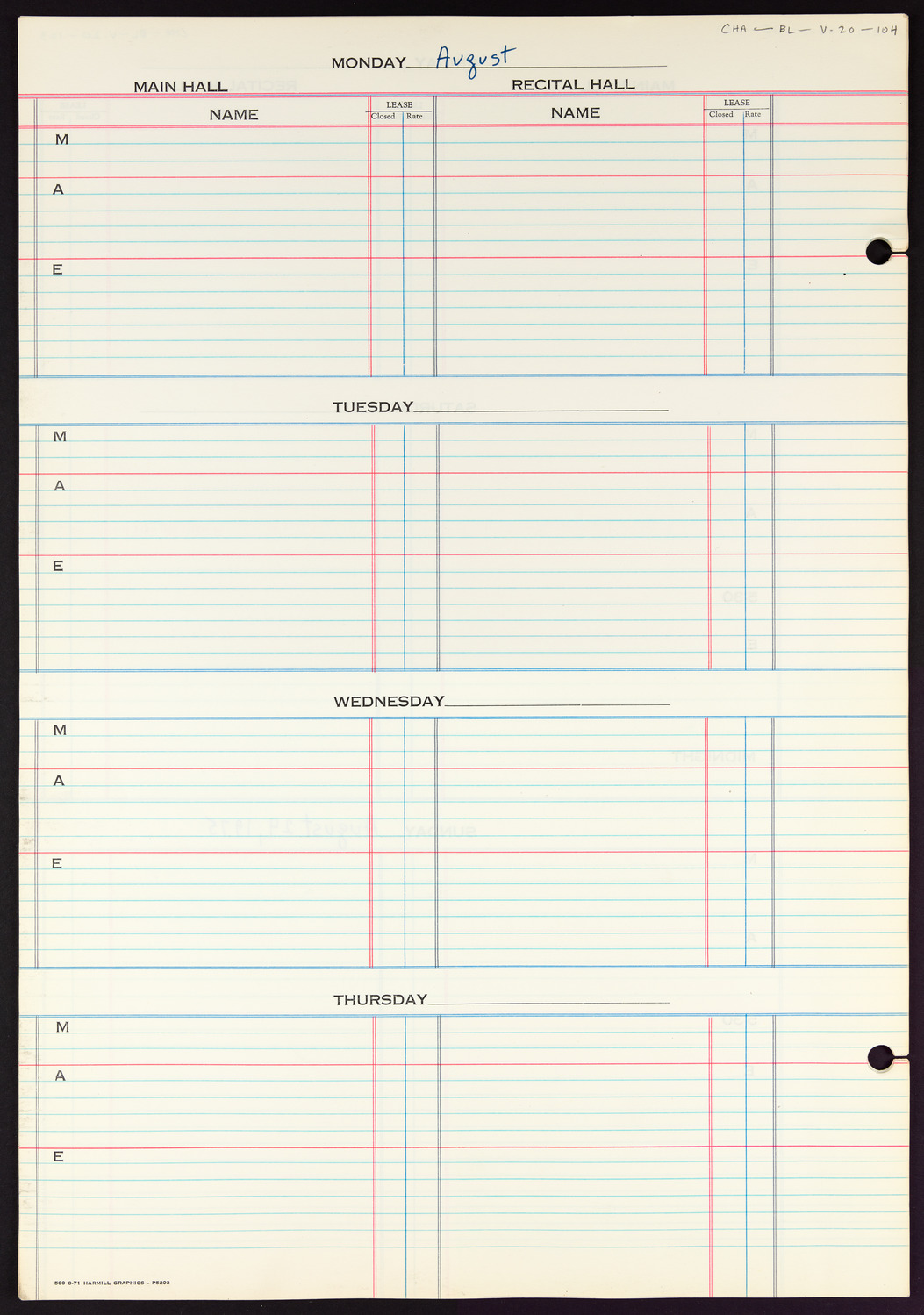 Carnegie Hall Booking Ledger, volume 20, page 104