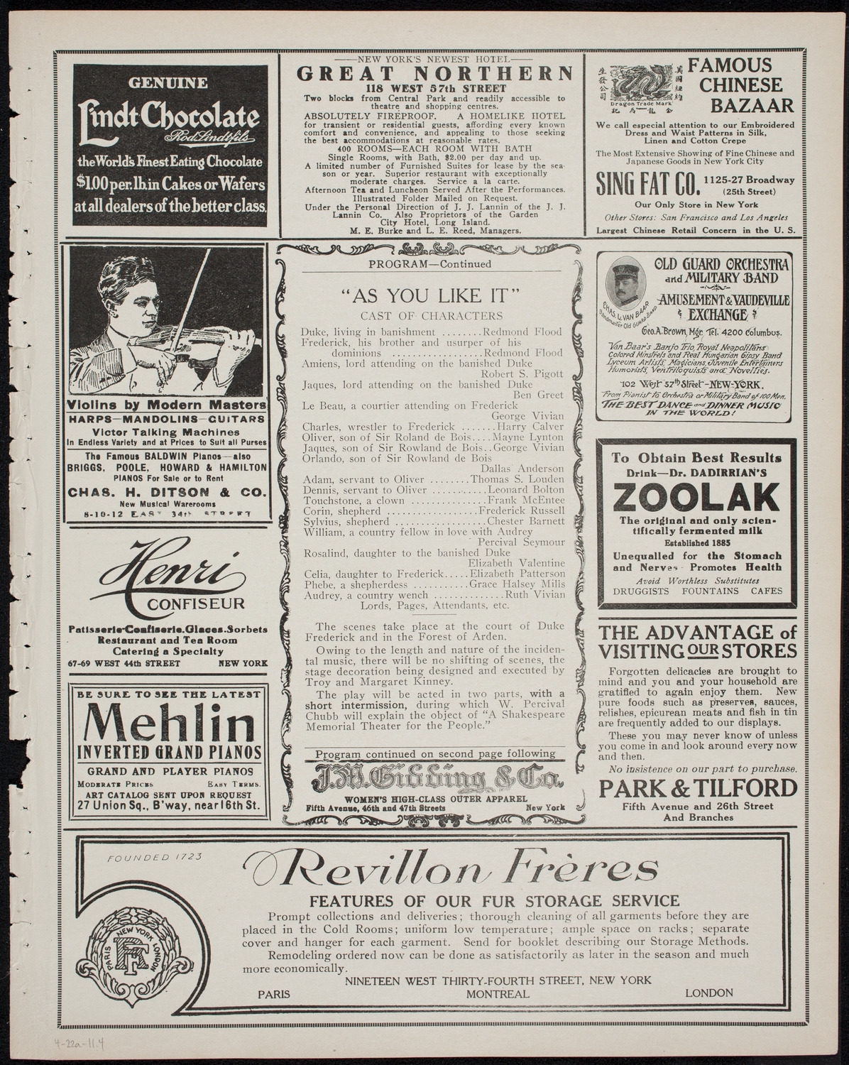 Shakespeare Birthday Festival: The Ben Greet Players and The Volpe Symphony Orchestra, April 22, 1911, program page 7