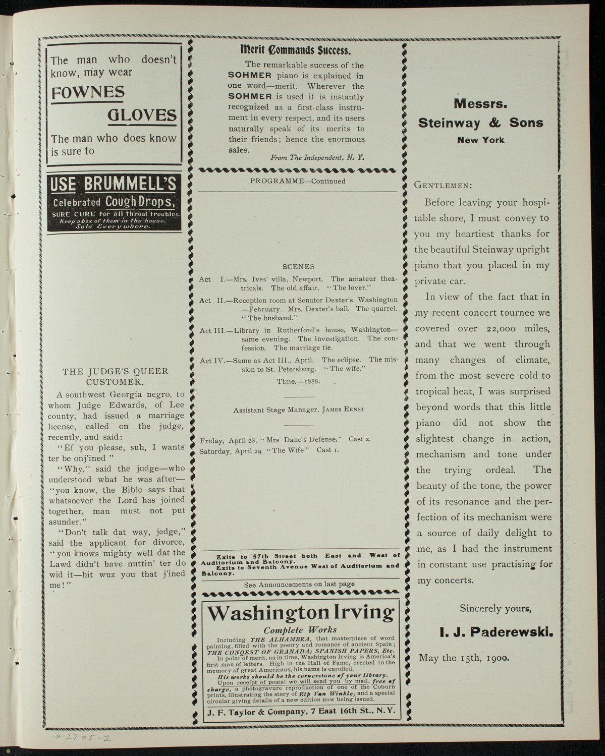 American Academy of Dramatic Arts Private Dress Rehearsal, April 27, 1905, program page 3