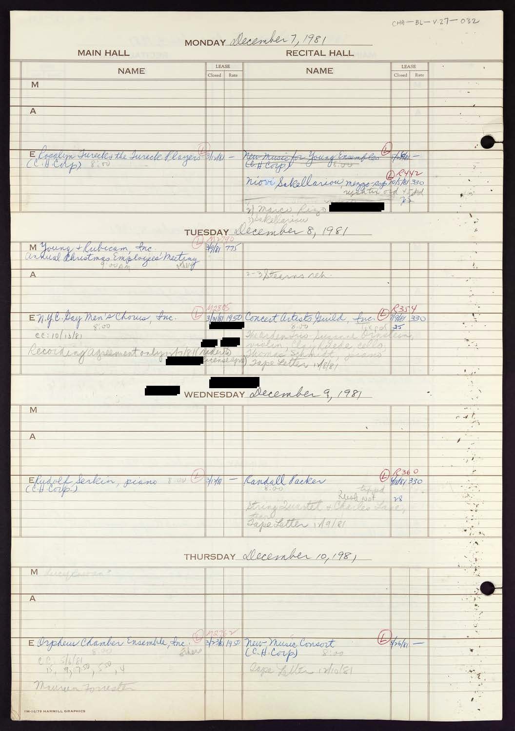 Carnegie Hall Booking Ledger, volume 27, page 32