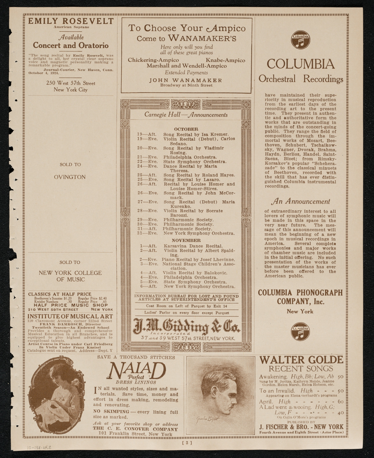 Rosa Raisa, Giacomo Rimini, and Magdeleine Brard, October 18, 1924, program page 3