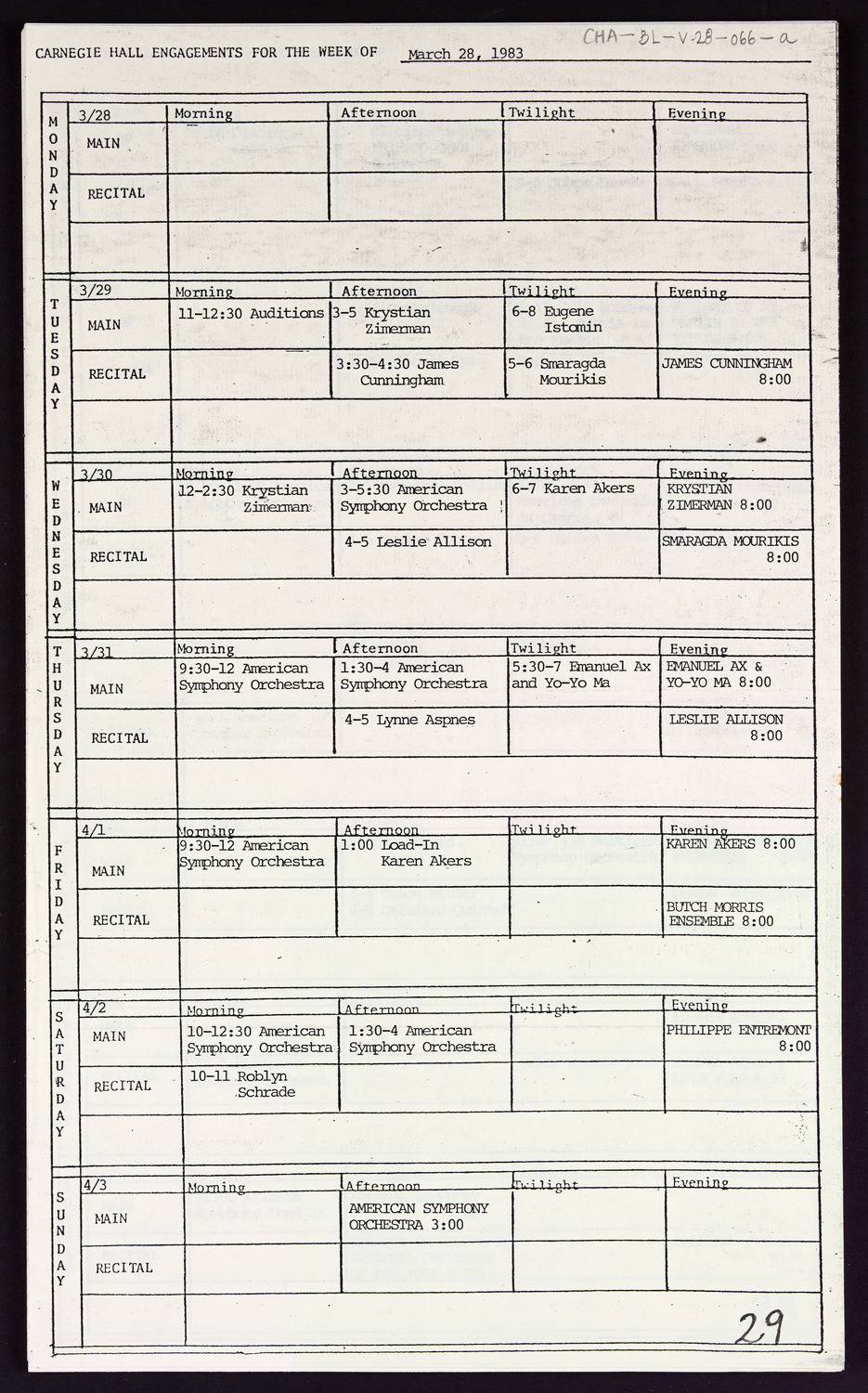 Carnegie Hall Booking Ledger, volume 28, page 66a