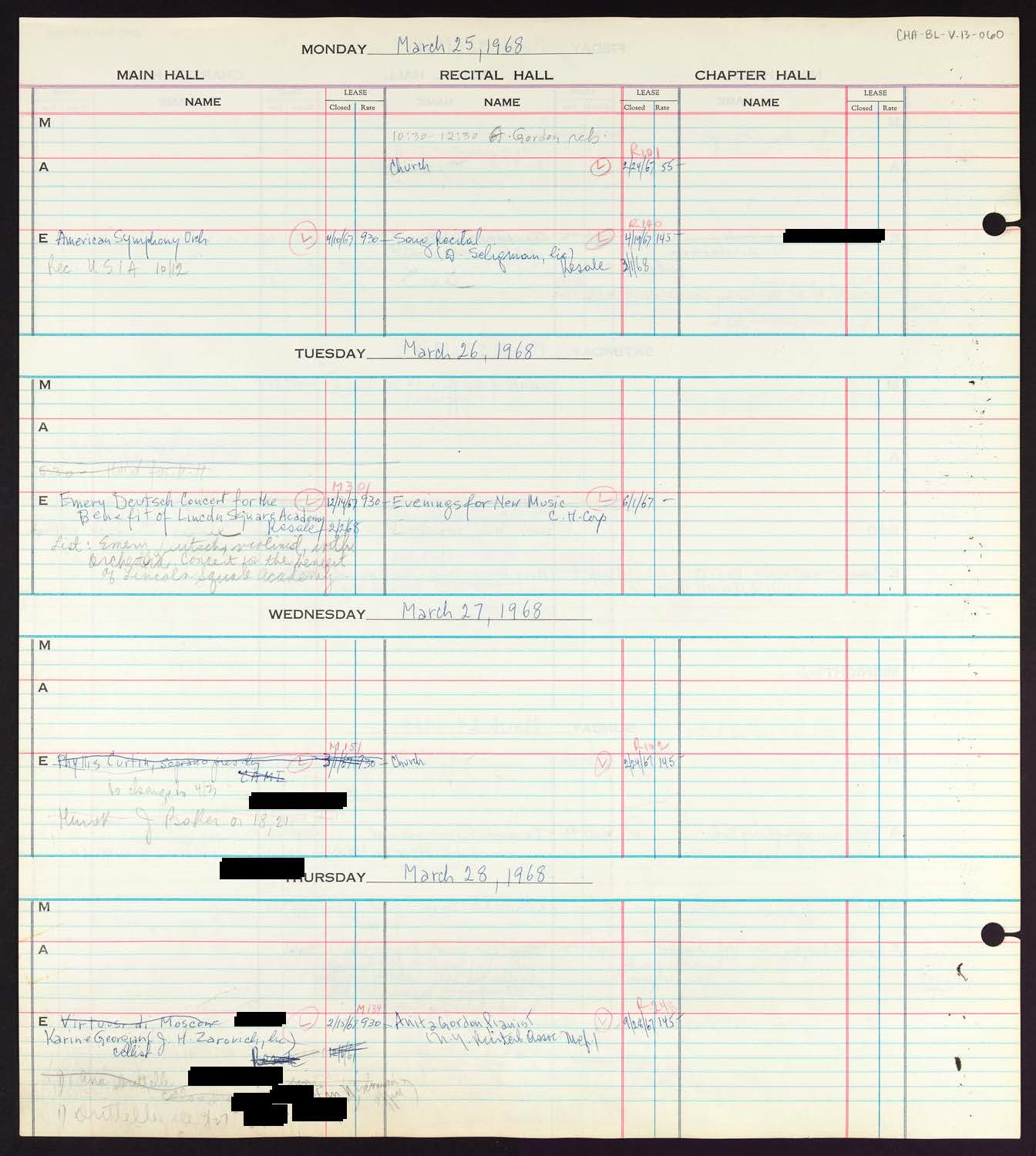 Carnegie Hall Booking Ledger, volume 13, page 60