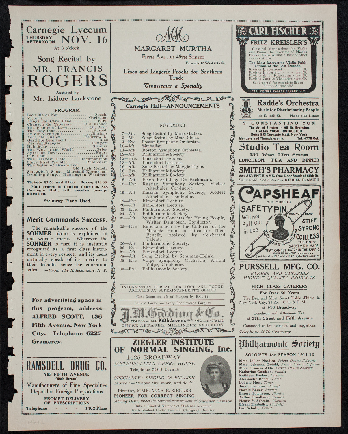 New York Philharmonic, November 5, 1911, program page 3