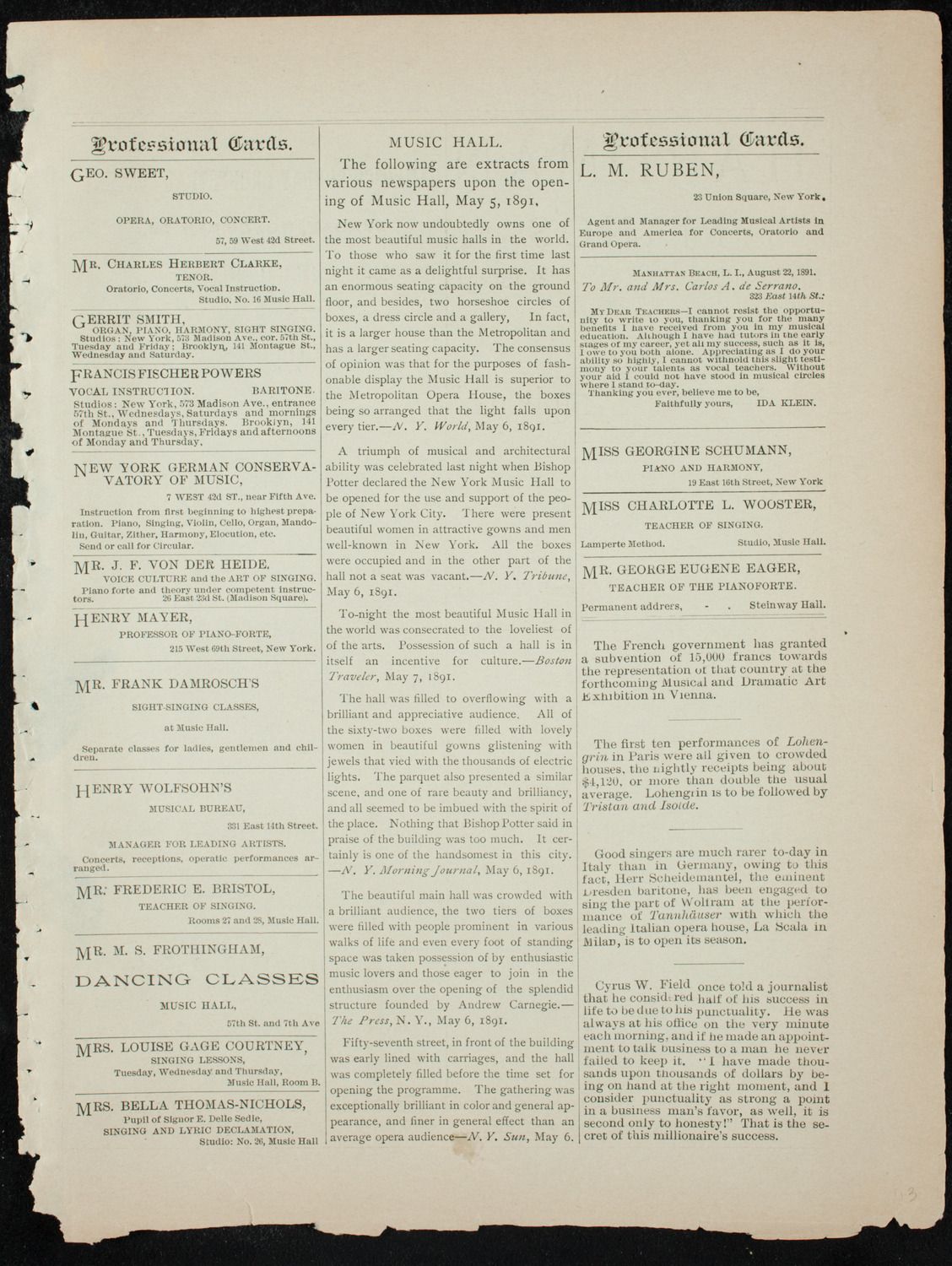 Beethoven String Quartette, November 19, 1891, program page 9