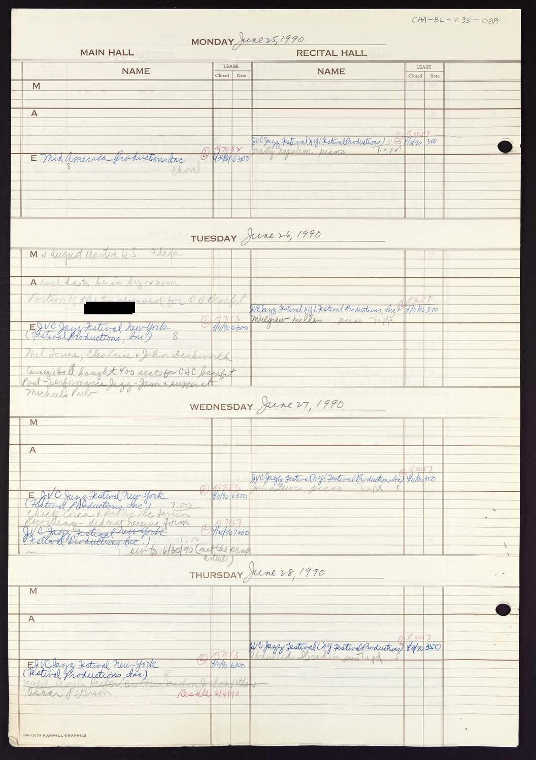 Carnegie Hall Booking Ledger, volume 35, page 88