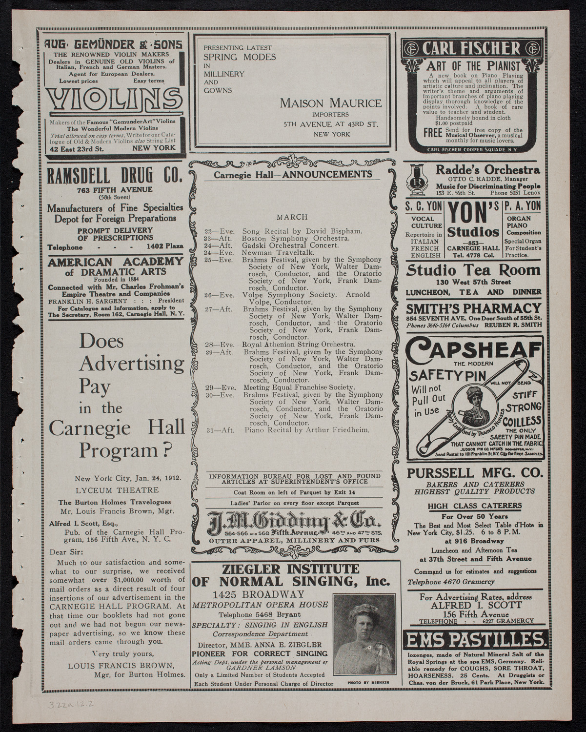 Wilhelm Backhaus, Piano, March 22, 1912, program page 3