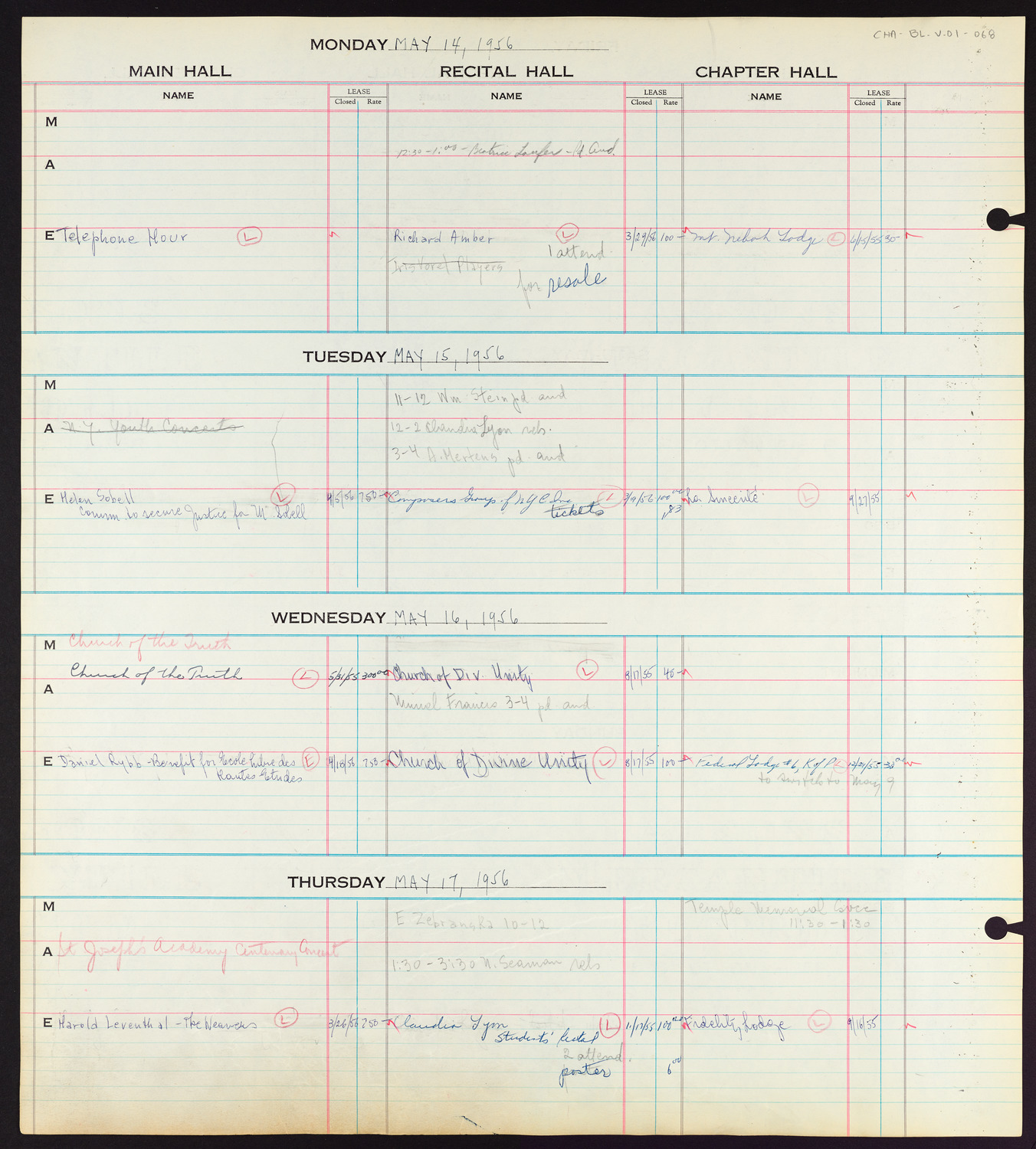 Carnegie Hall Booking Ledger, volume 1, page 68