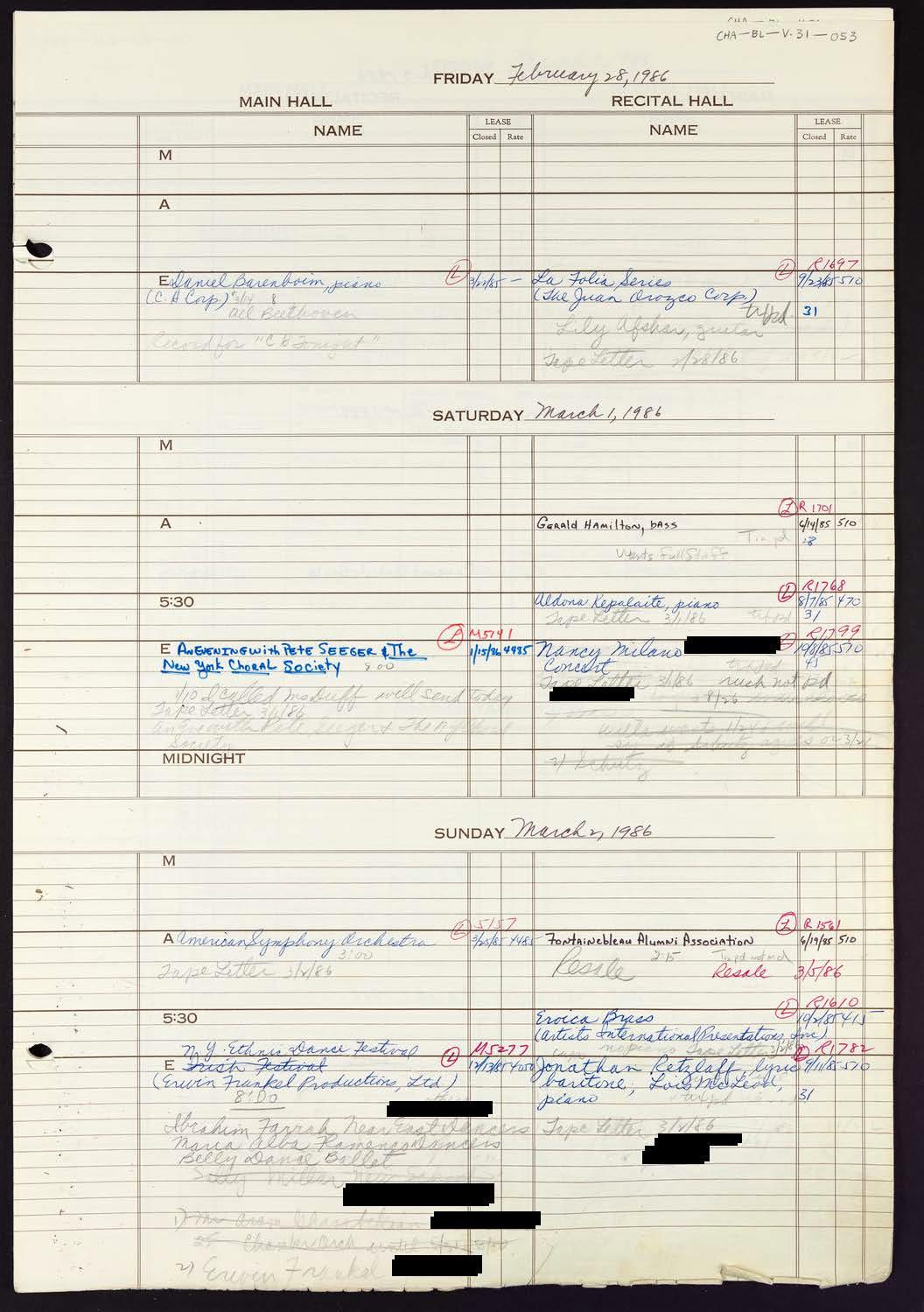 Carnegie Hall Booking Ledger, volume 31, page 53