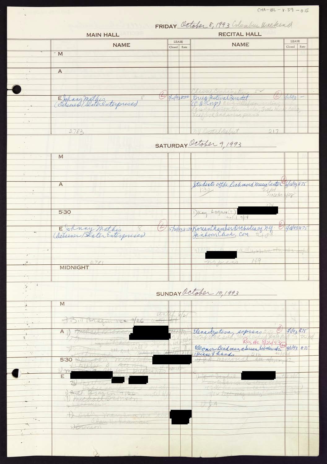 Carnegie Hall Booking Ledger, volume 39, page 15