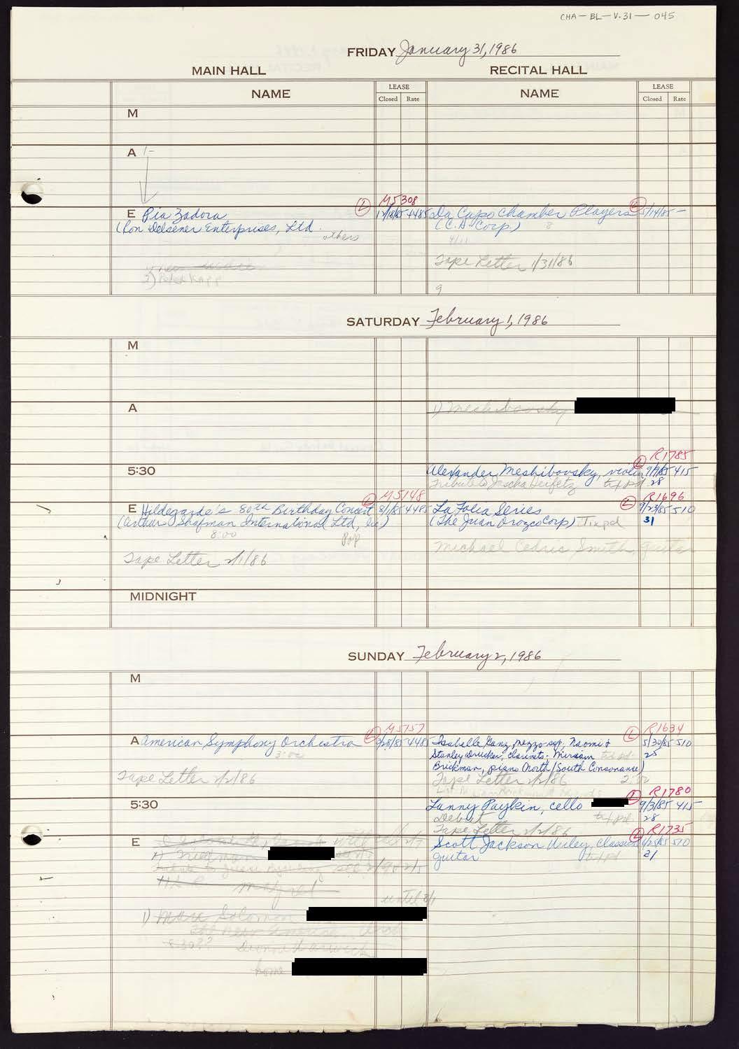 Carnegie Hall Booking Ledger, volume 31, page 45