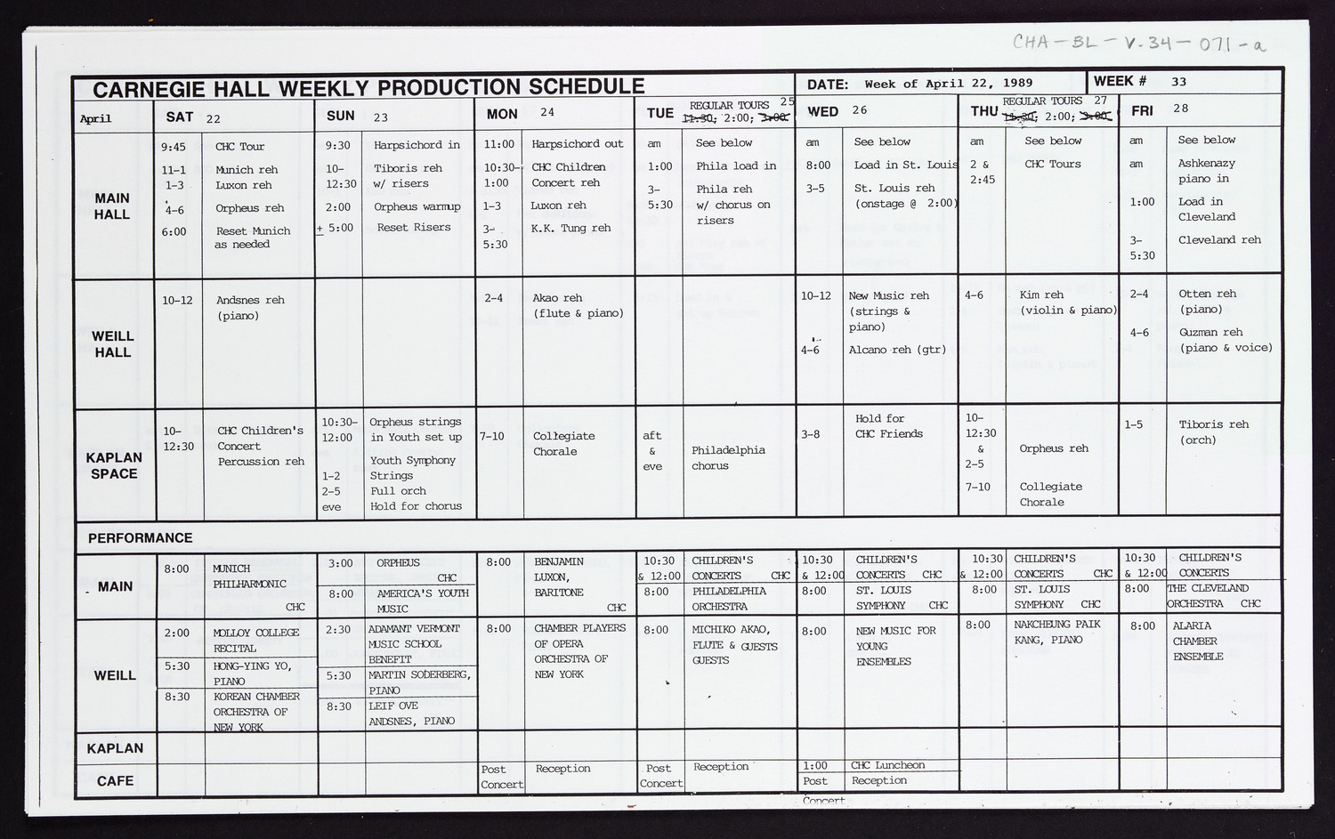 Carnegie Hall Booking Ledger, volume 34, page 71a