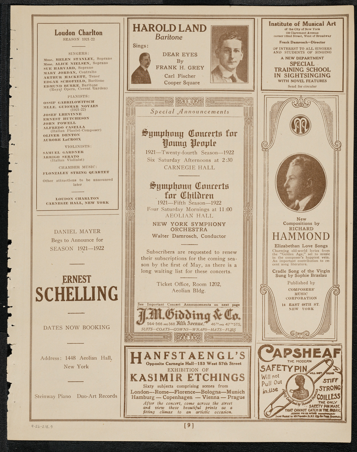 National Symphony Orchestra, April 26, 1921, program page 9