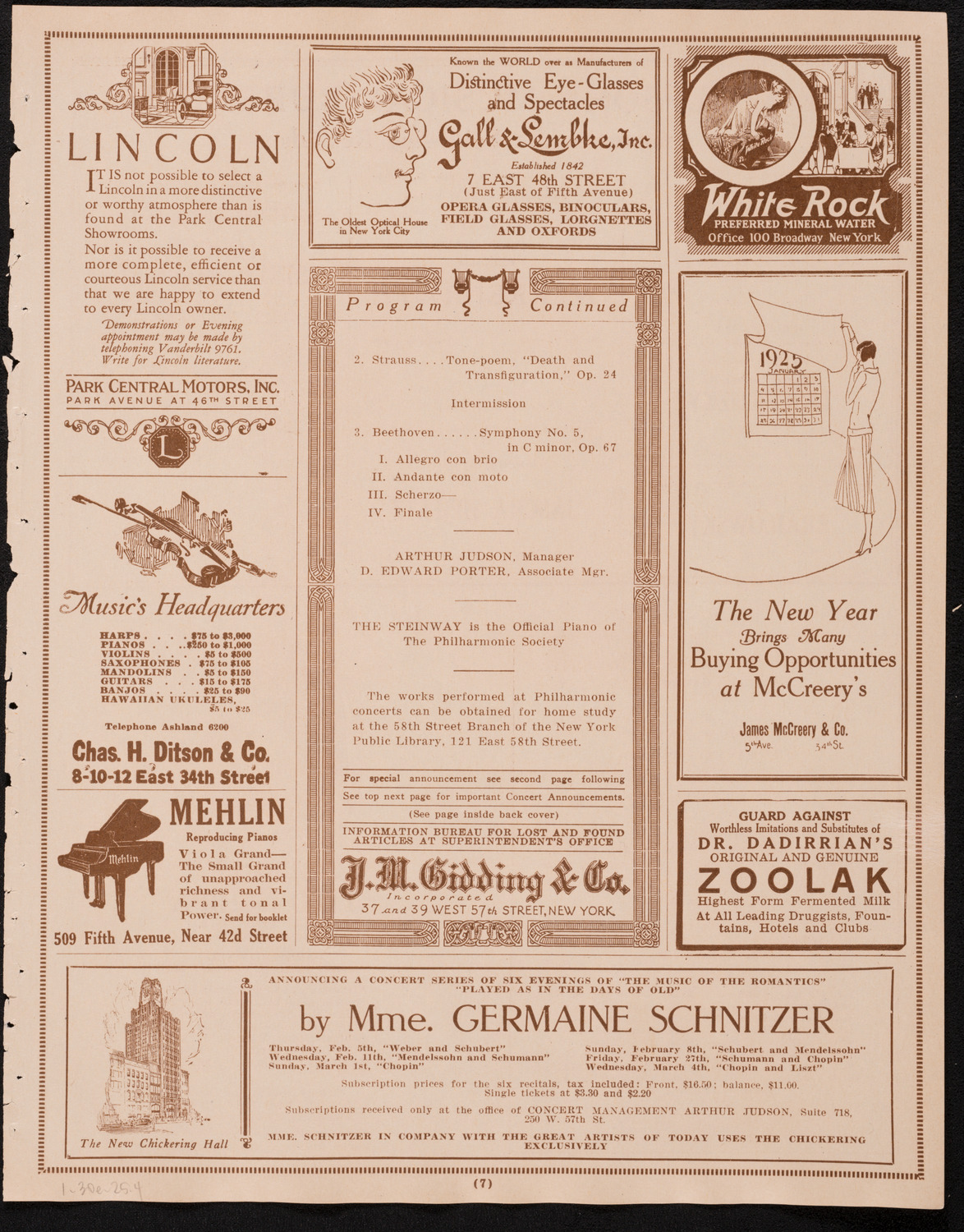 New York Philharmonic, January 30, 1925, program page 7