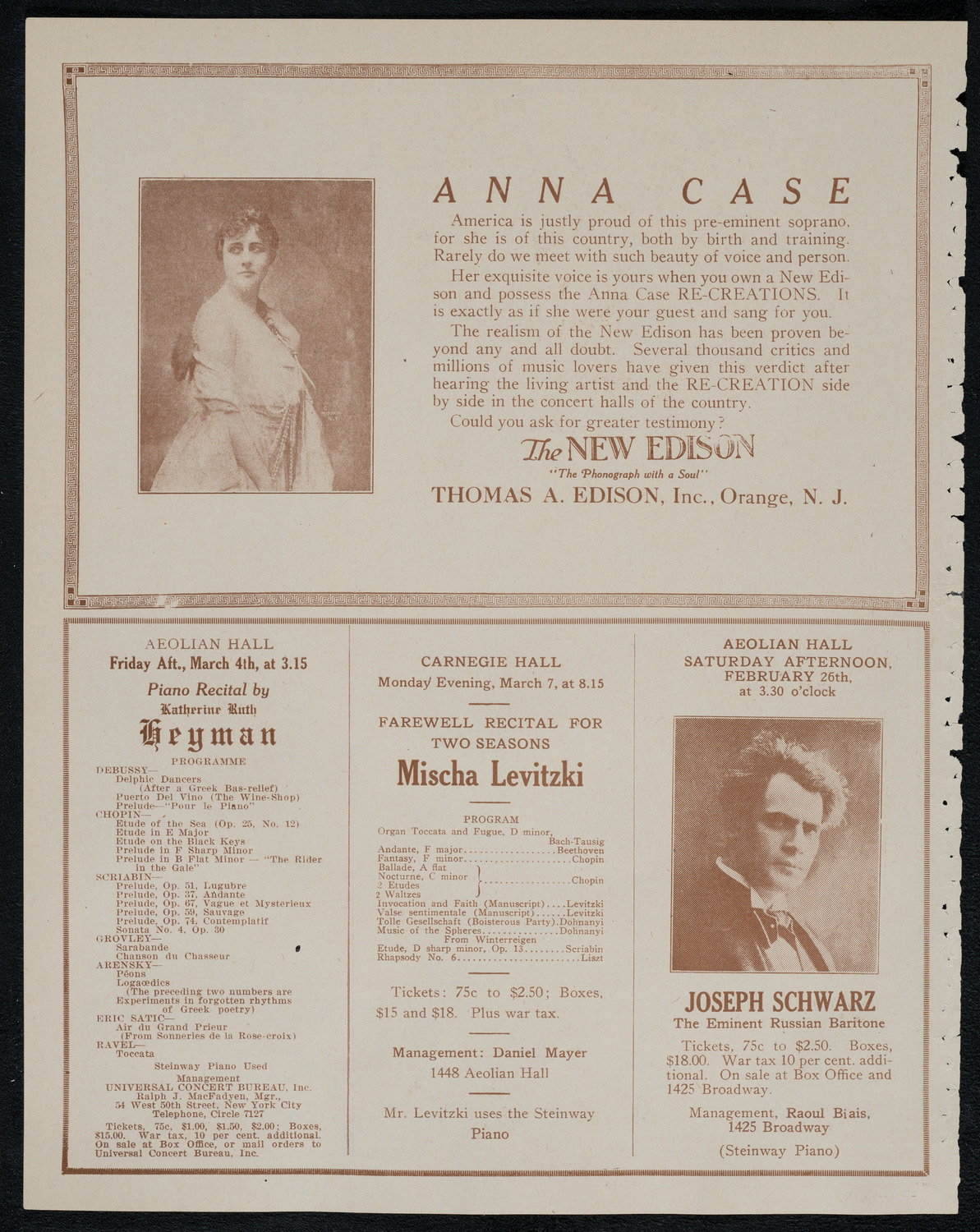 Benno Moiseiwitsch, Piano, February 22, 1921, program page 2