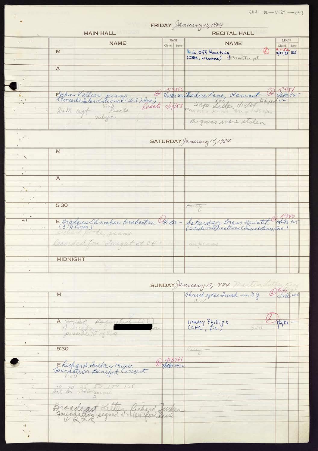 Carnegie Hall Booking Ledger, volume 29, page 43