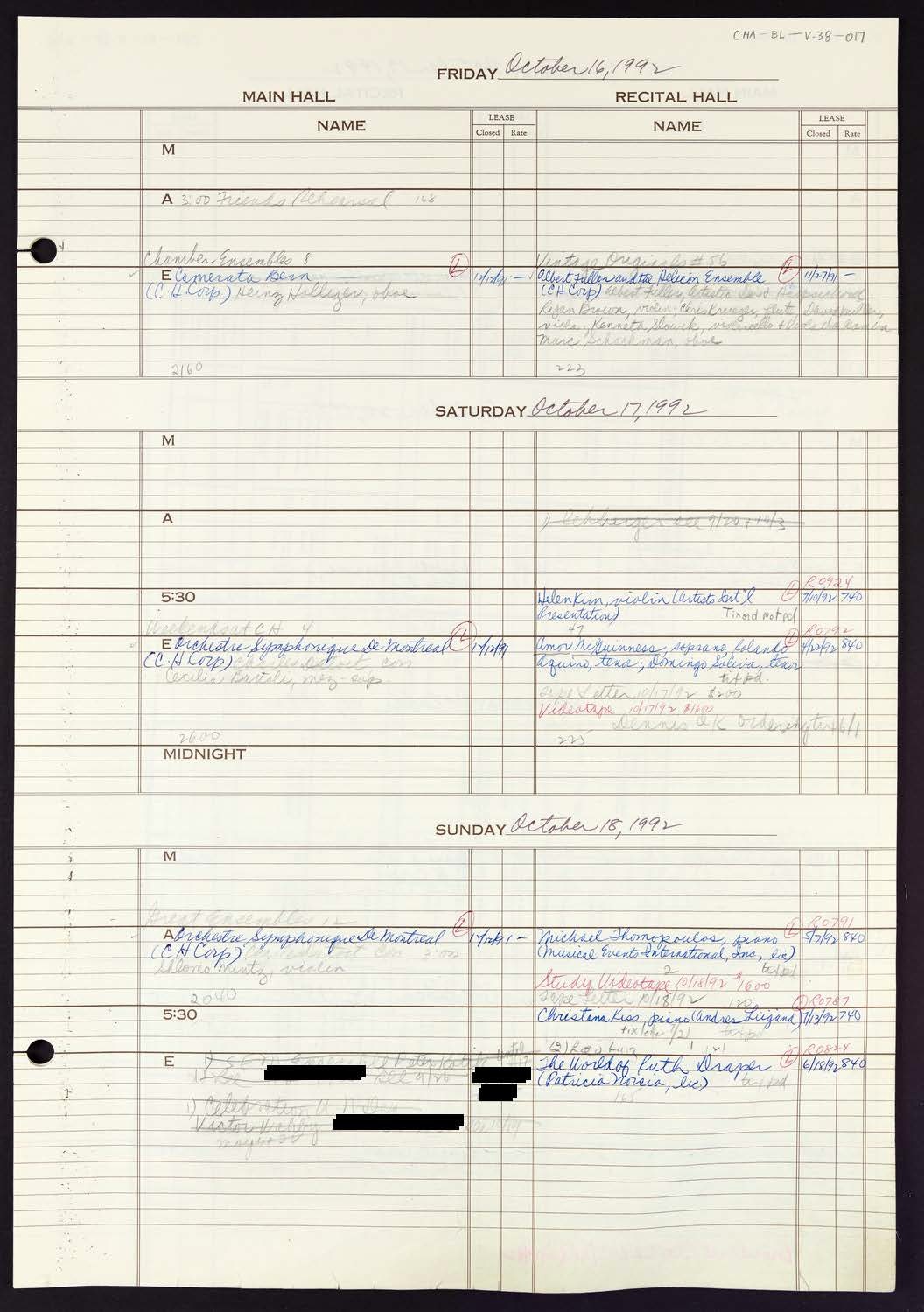 Carnegie Hall Booking Ledger, volume 38, page 17