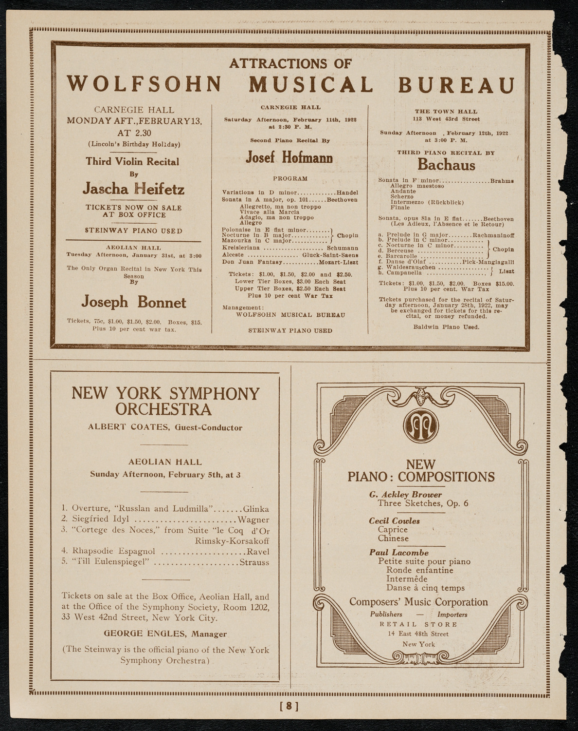 New York Philharmonic, January 29, 1922, program page 8