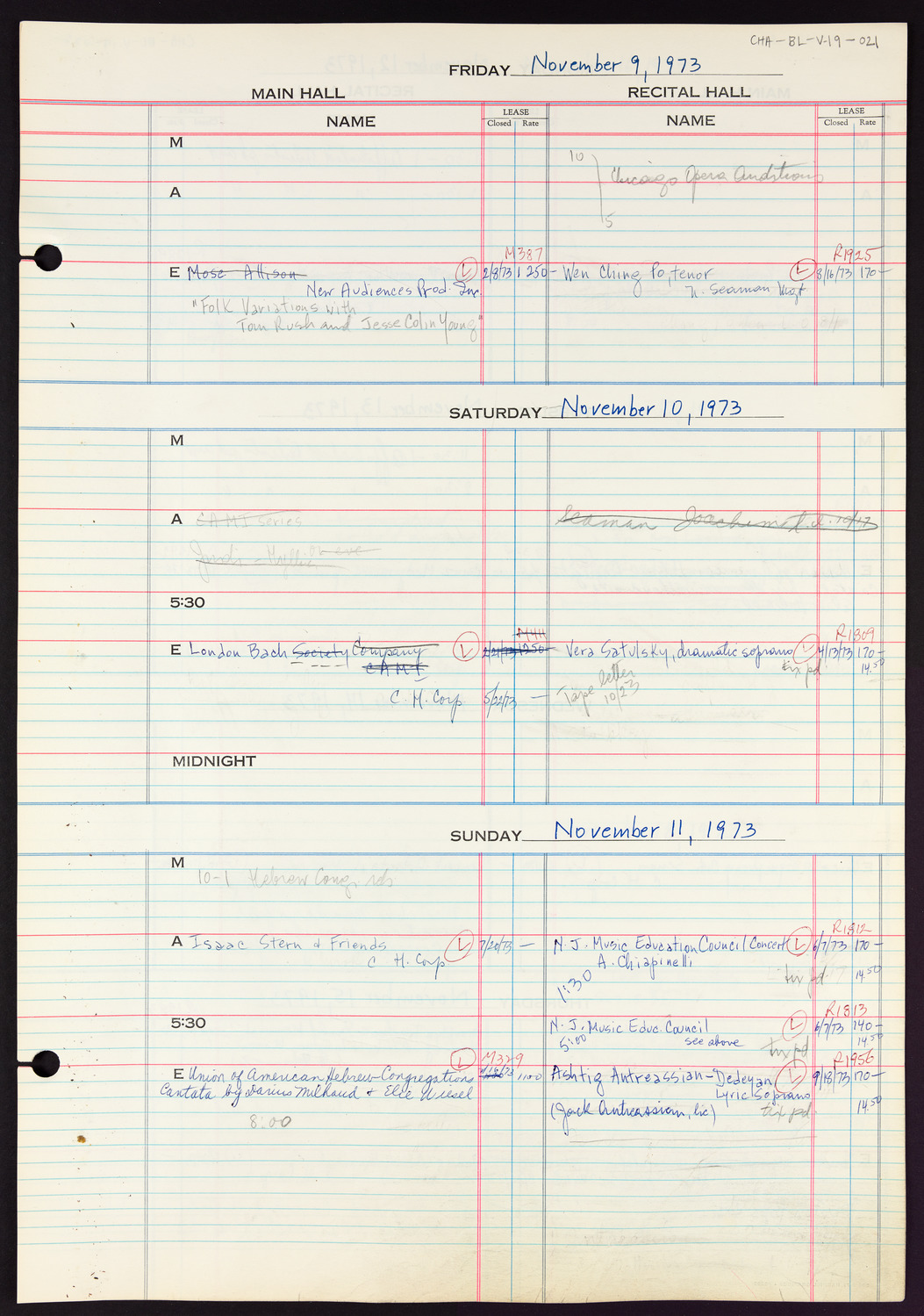 Carnegie Hall Booking Ledger, volume 19, page 21