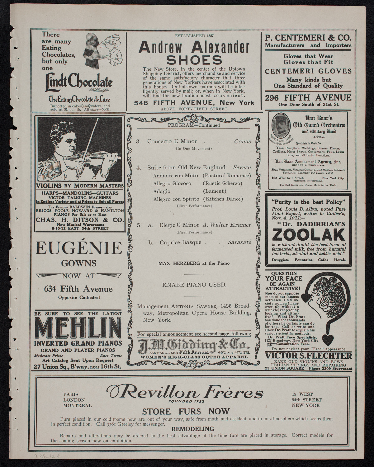 Maximilian Pilzer, Violin, April 25, 1912, program page 7