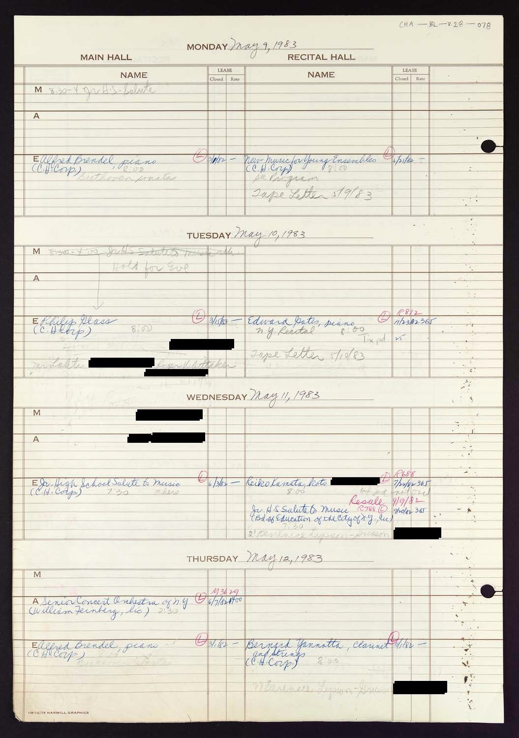 Carnegie Hall Booking Ledger, volume 28, page 78