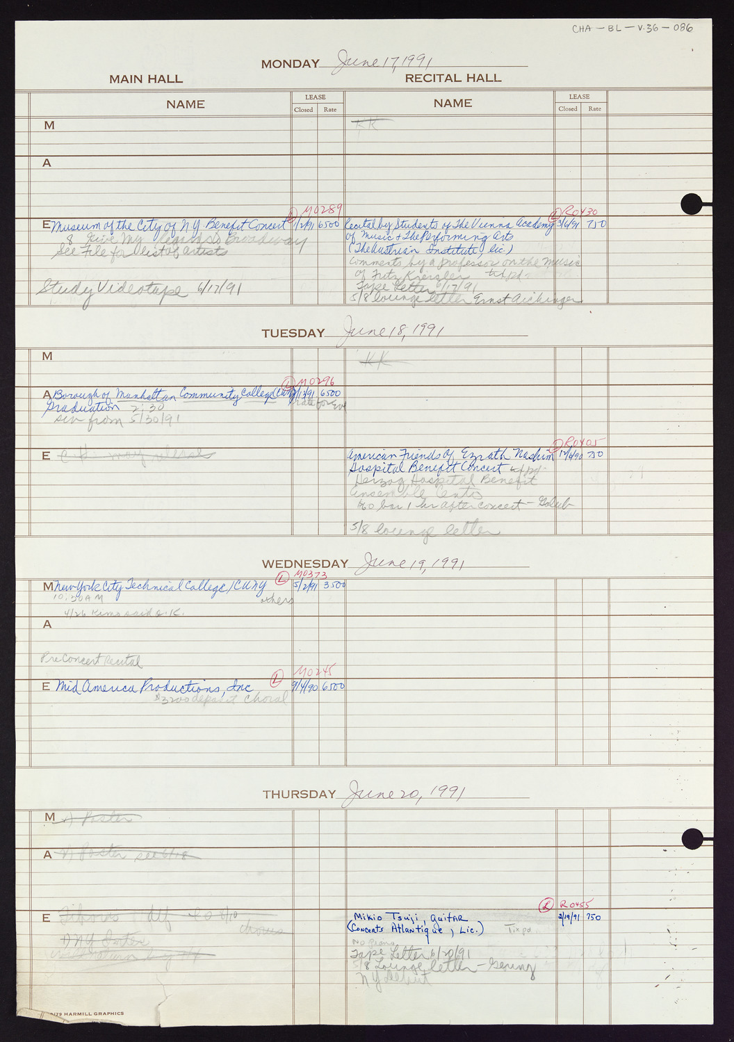 Carnegie Hall Booking Ledger, volume 36, page 86