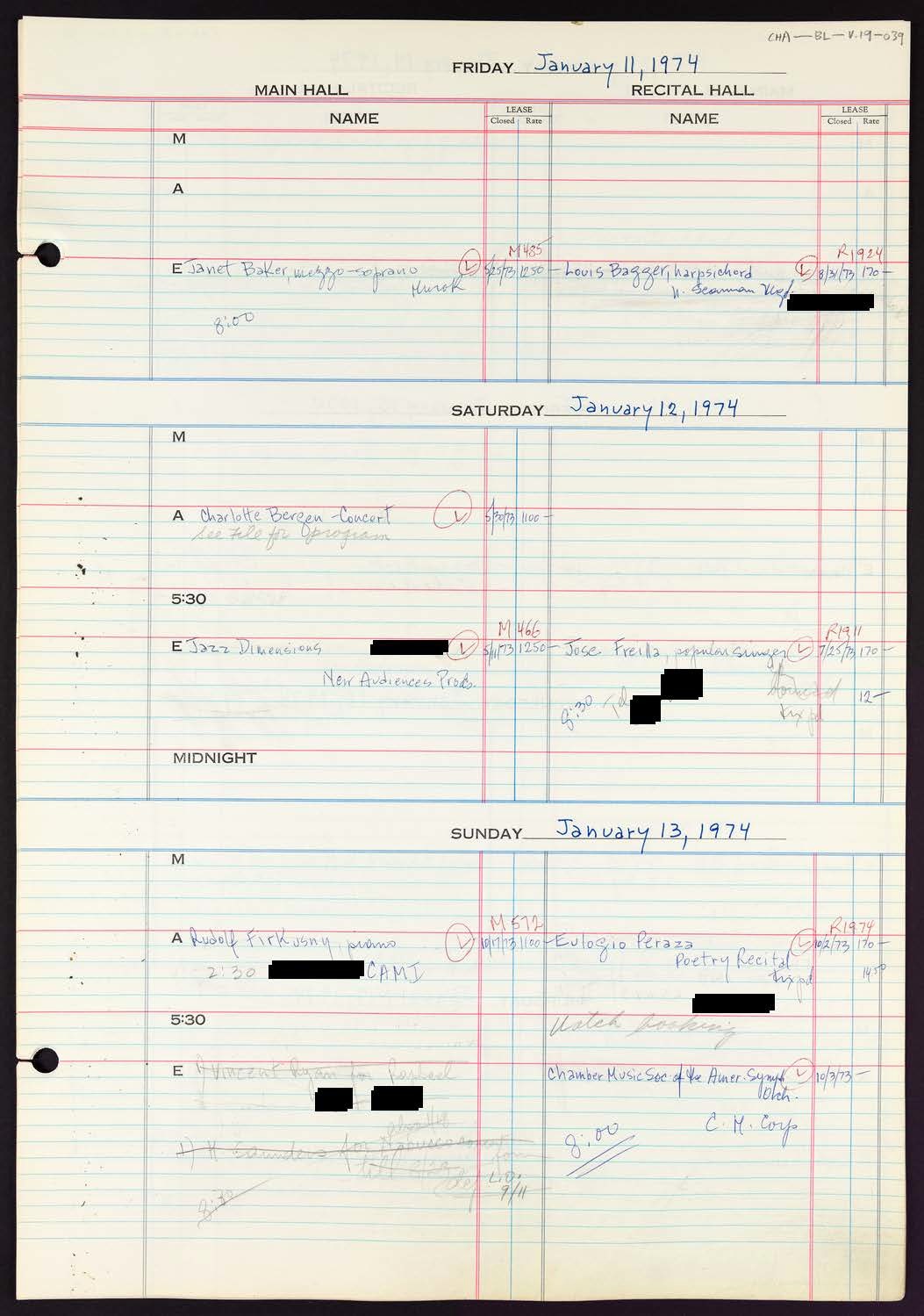 Carnegie Hall Booking Ledger, volume 19, page 39