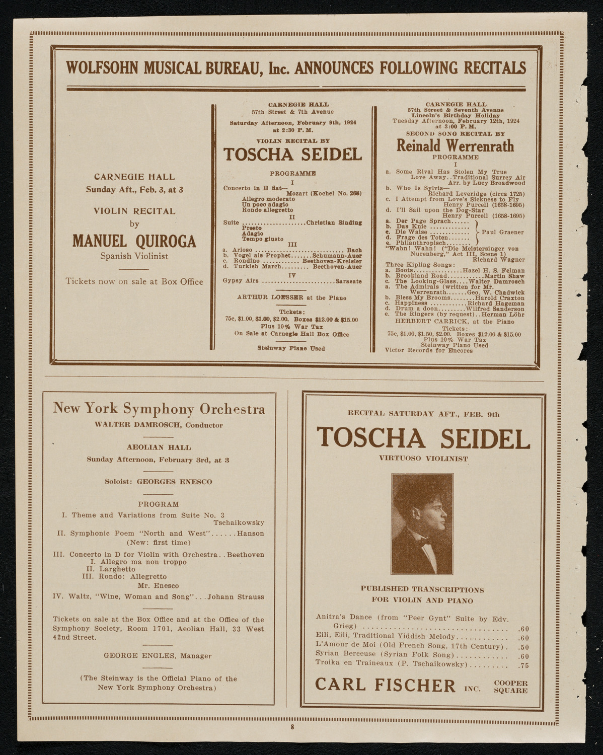Miron Poliakin, Sara Sokolsky-Freid, and Adele Bliss, February 2, 1924, program page 8