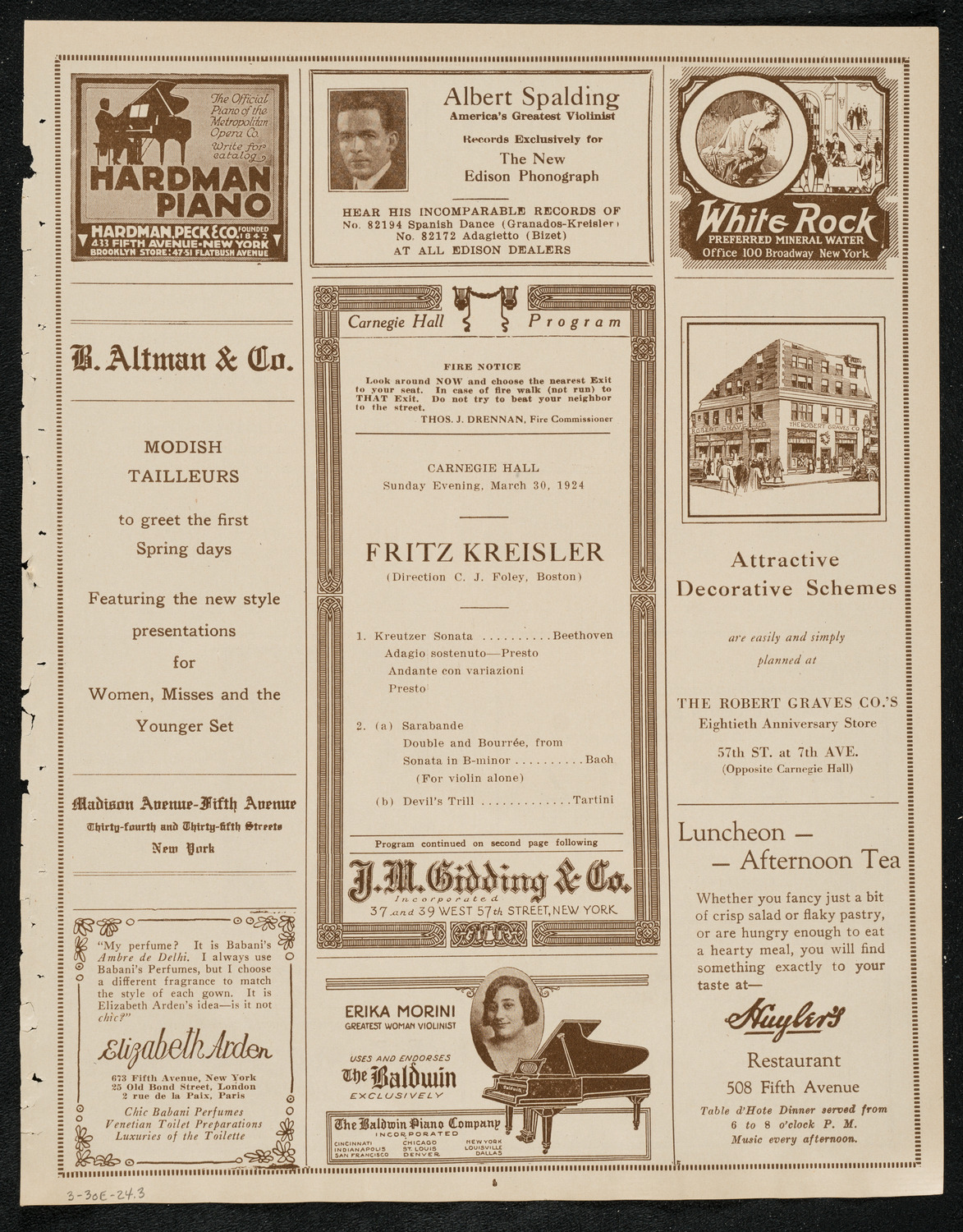 Fritz Kreisler, Violin, March 30, 1924, program page 5