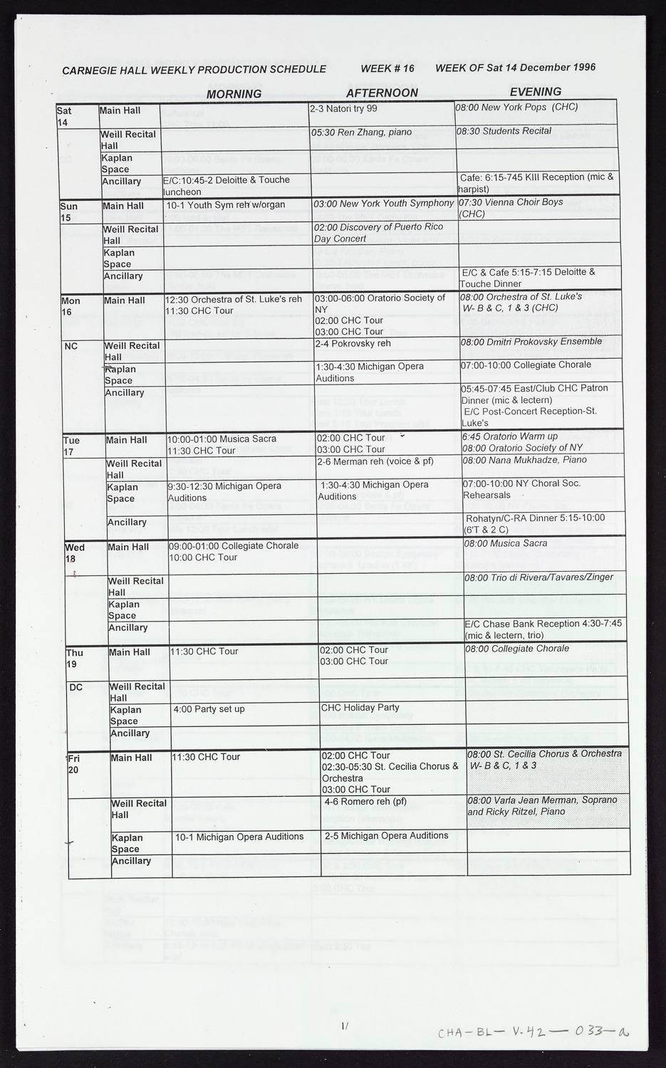 Carnegie Hall Booking Ledger, volume 42, page 33a